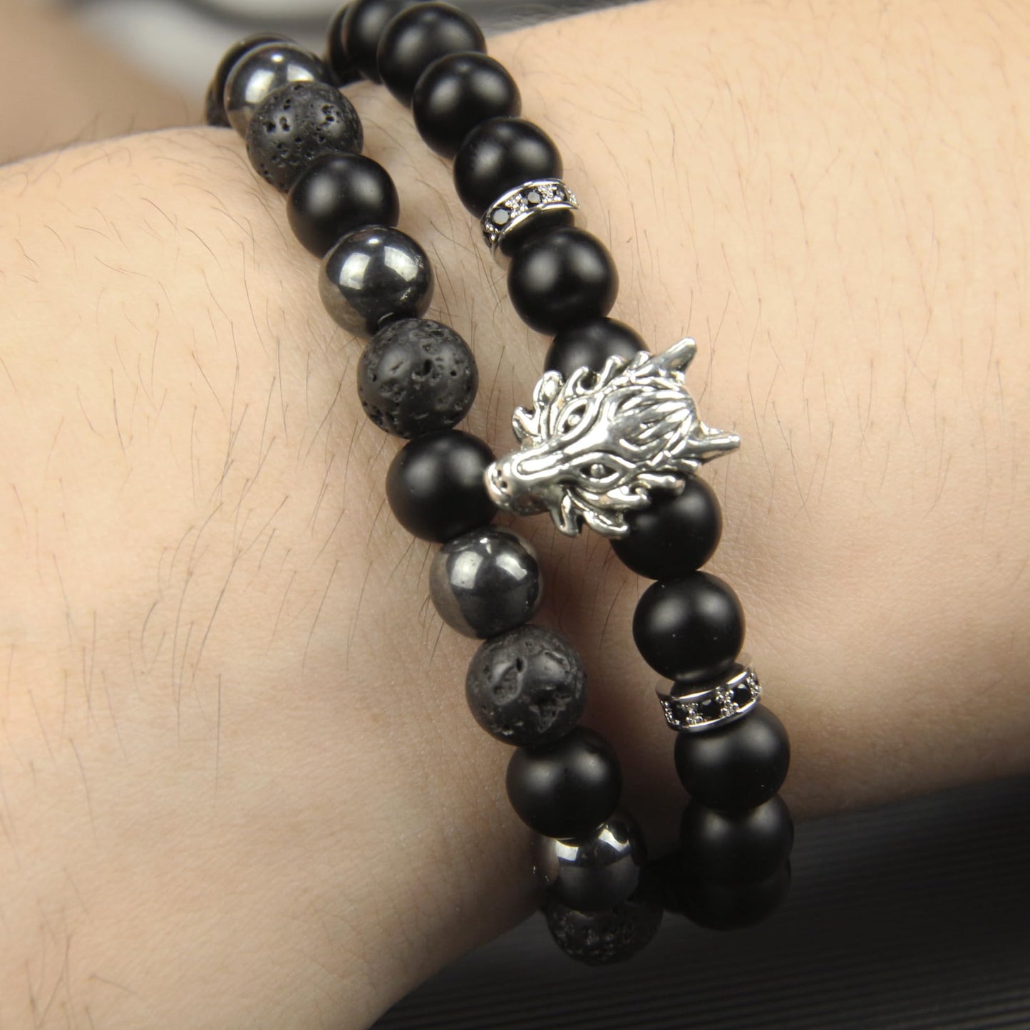 GDLKPYHS Black Obsidian Bracelets for Men - Dragon Bracelet - Tourmaline Beaded bracelets, 8MM Black Onyx Hematite Lava Stone Beads Triple Protection Bracelet for Men Women Gifts