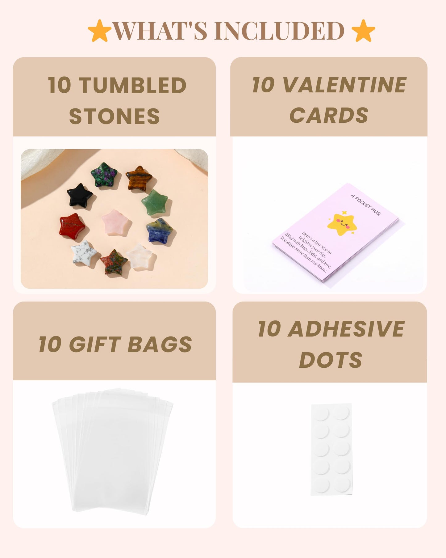 QianCannaor Pocket Hug Cards Bulk Crystal Stone Gift Set - 10Pcs Natural Star-Shaped, Bulk Valentines Day Gifts for Adults, Ladies, College Students, Friends - Thinking of You Anxiety Relief Keepsake(Star 10Pcs)