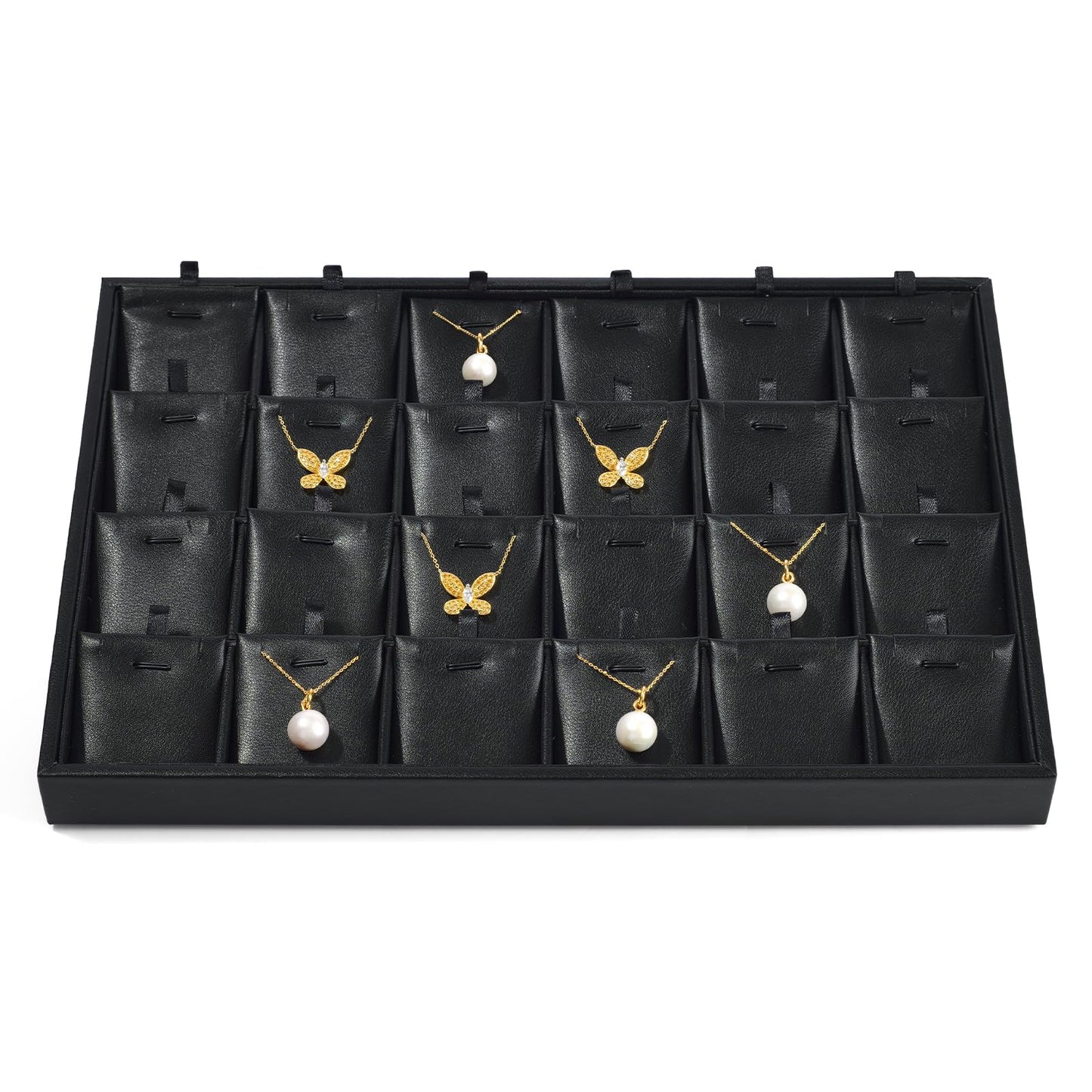 Papten 24 Grids PU Leather Necklace Tray Jewelry Display Tray for Drawers With Removable Jewellery Cards Necklace Pendant Tray (Black)