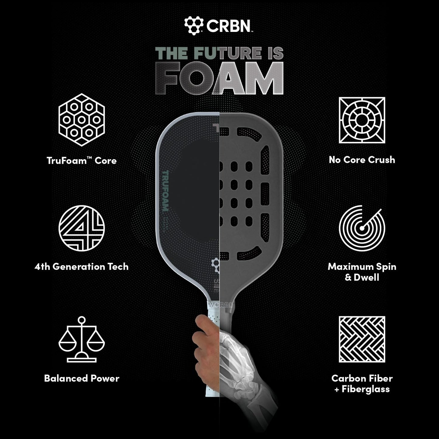 CRBN Pickleball - TruFoam Genesis - Carbon Fiber Pickleball Paddle - First-Ever 100% Foam Core Performance Paddle (Elongated w/Long Handle)