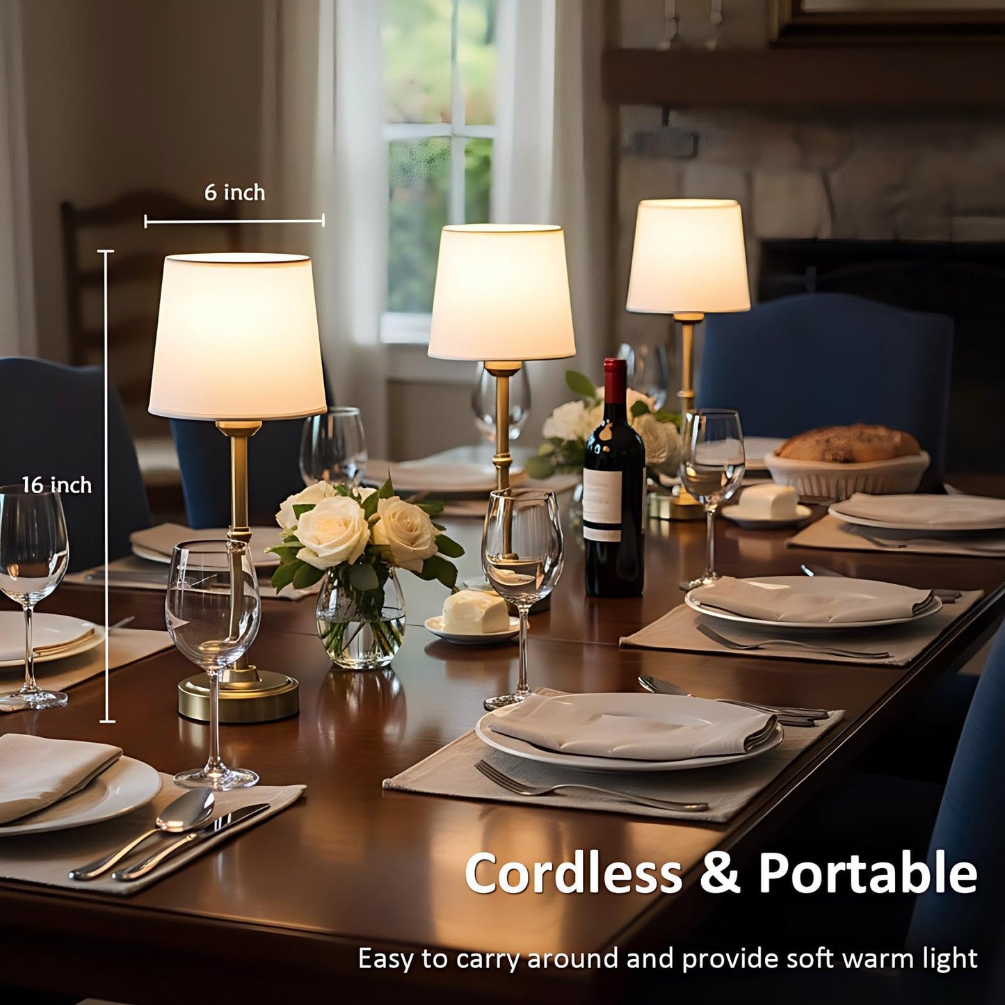 Cordless Table Lamp Rechargeable, Portable Battery Operated Light for Bedroom Living Room, 6000mAh Fabric Shade Desk Lamp 3000K Eye-Caring Home Decor for Dining Balcony Patio Counter Nightstand Hotel