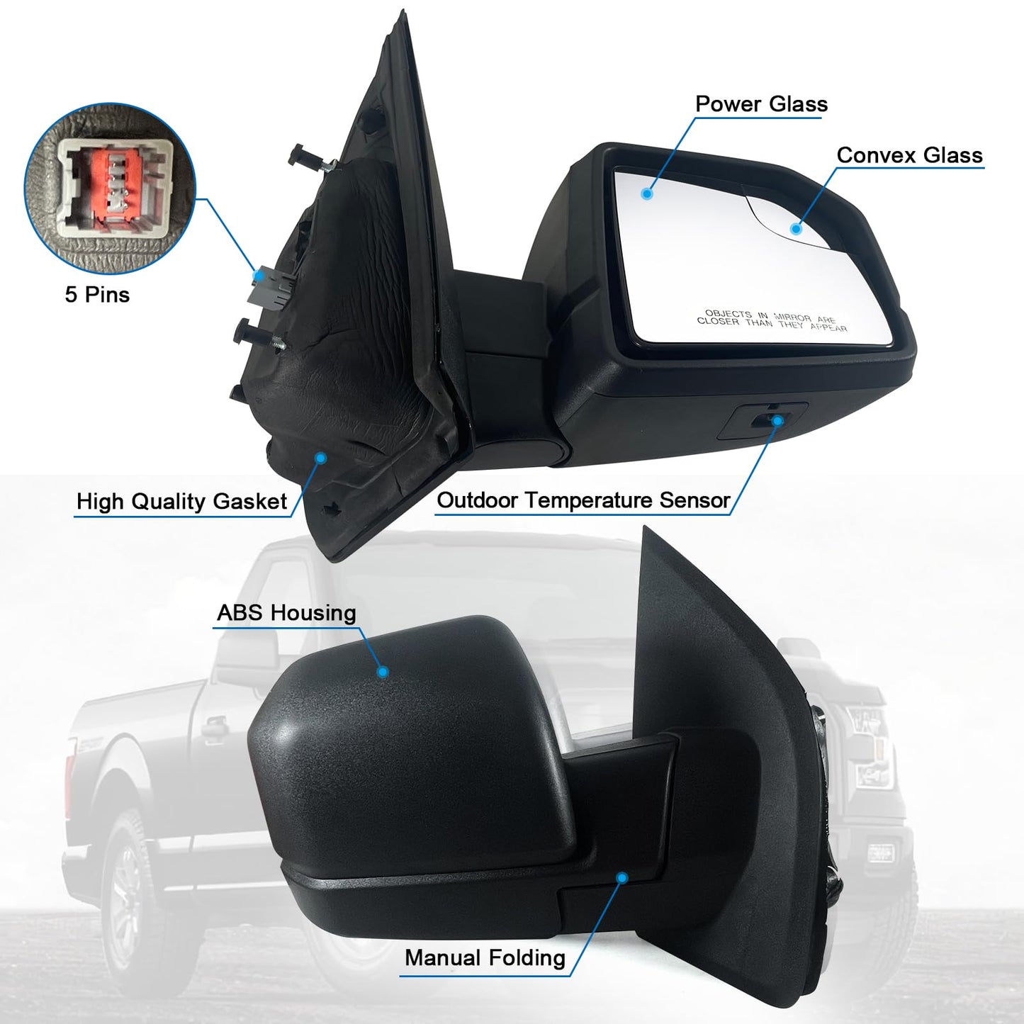 Lqito Right Passenger side Mirror with Power Glass, Outdoor Temperature Sensor and Manual Folding Fits 2015-2020 Ford F150 Without Turn Signal, Non-Heated Replace JL34-17682-BG (5 Pins)