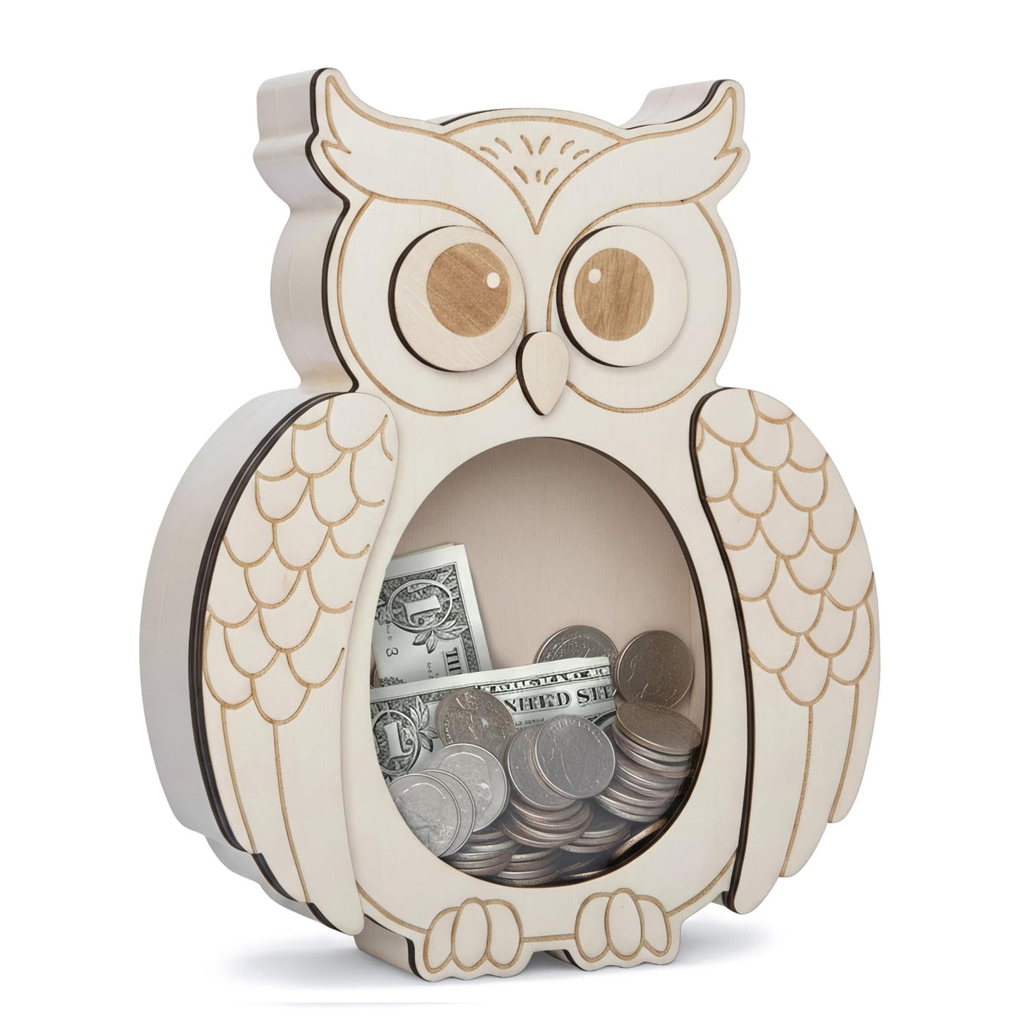 Owl Piggy Bank for Kids, Paint Your Own DIY Owl Bank with Clear Window, Wooden Savings Box for Coins and Bills, Room Decor Gift