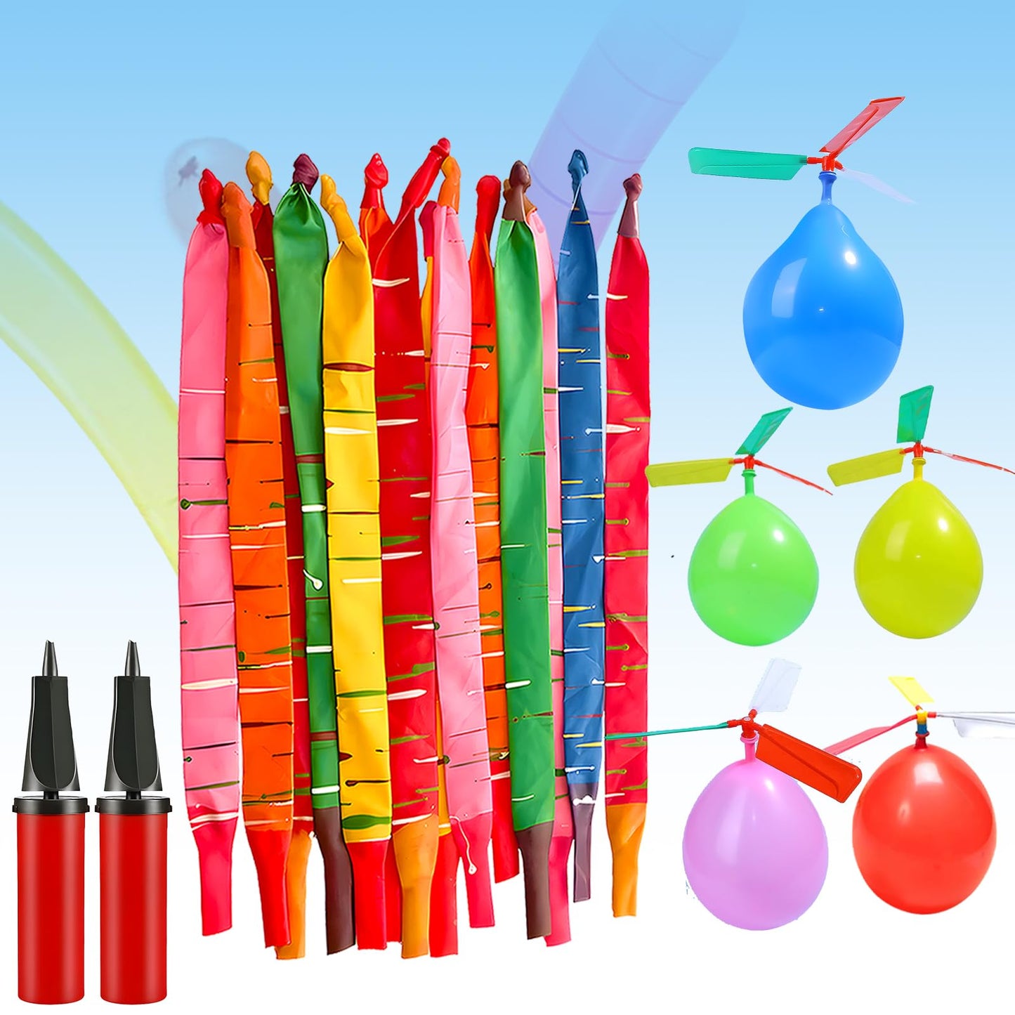 Nautydaddy Rocket Balloons with 2 Pumps 100pcs Whistling Flying Rockets + 5 Helicopter Balloon Toys, Screaming Air Rocket Set for Kids, Outdoor Party Games and Birthday Gifts