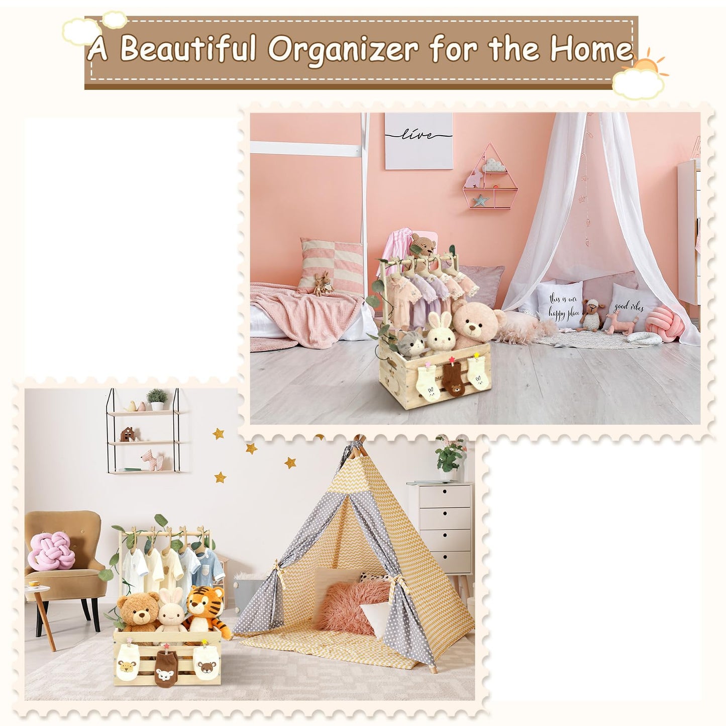 Simabsie Wooden Baby Shower Crate Closet with Hangers, Moon Stars - Personalized Newborn Basket Gifts for Expecting Parents