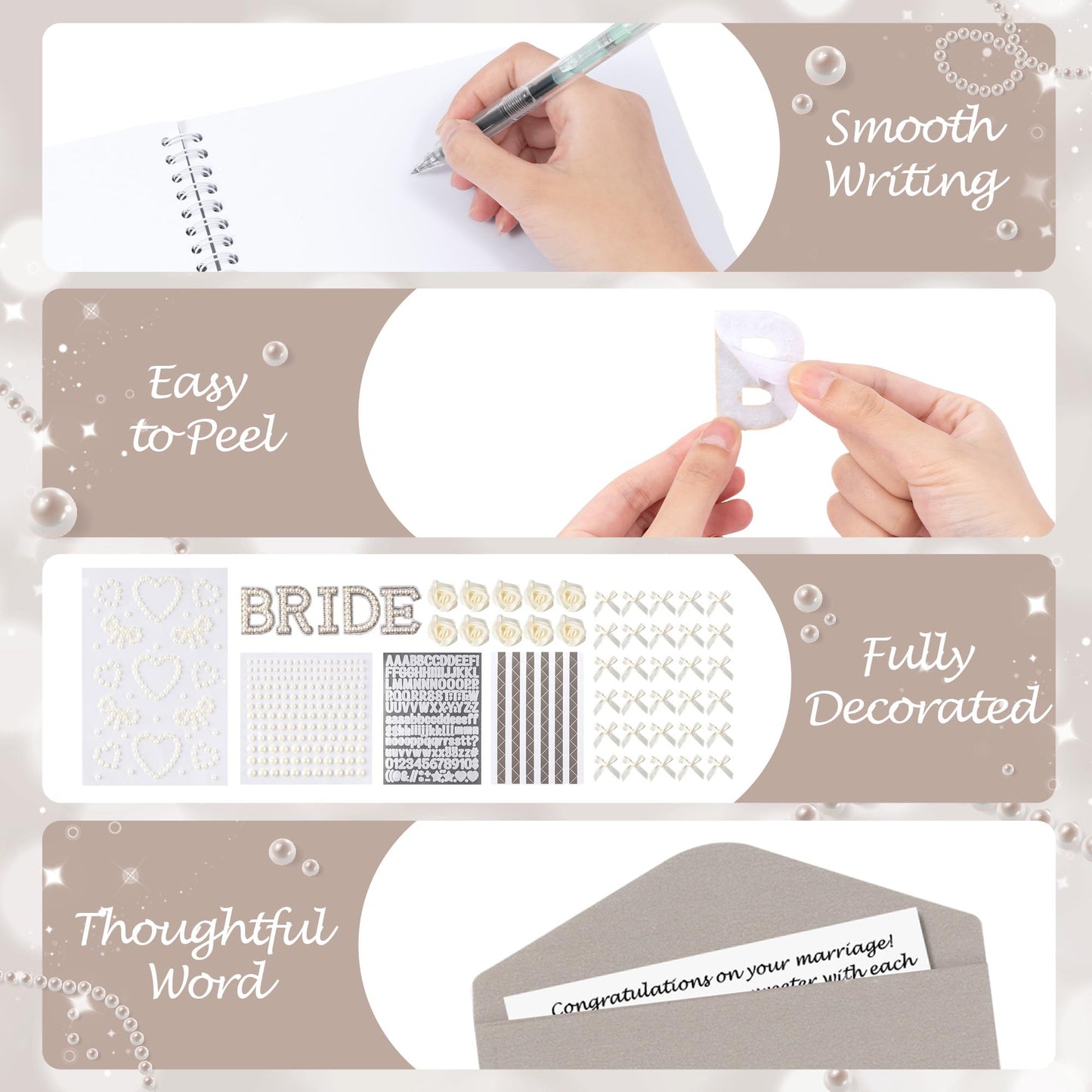 WATINC Letters to The Bride Scrapbook Kit - 8x8 Inch DIY Wedding Photo Album Guest Book for Bridal Shower Bachelorette Party, Beige Memory Book with 3D Flower Bow Envelopes Pearl Letters Stickers