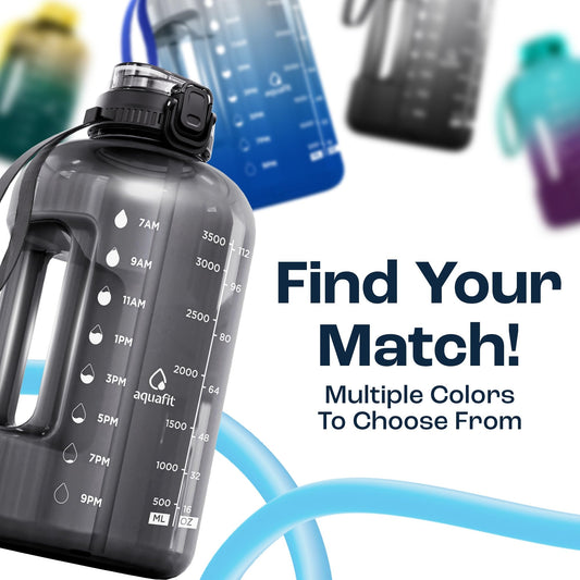 AQUAFIT 1 Gallon Water Bottle with Time Marker - Straw & Chug Lid - BPA Free Gym Water Bottle with Straw - Big Gallon Jug (Gray, 128 oz - 2in1 Lid)