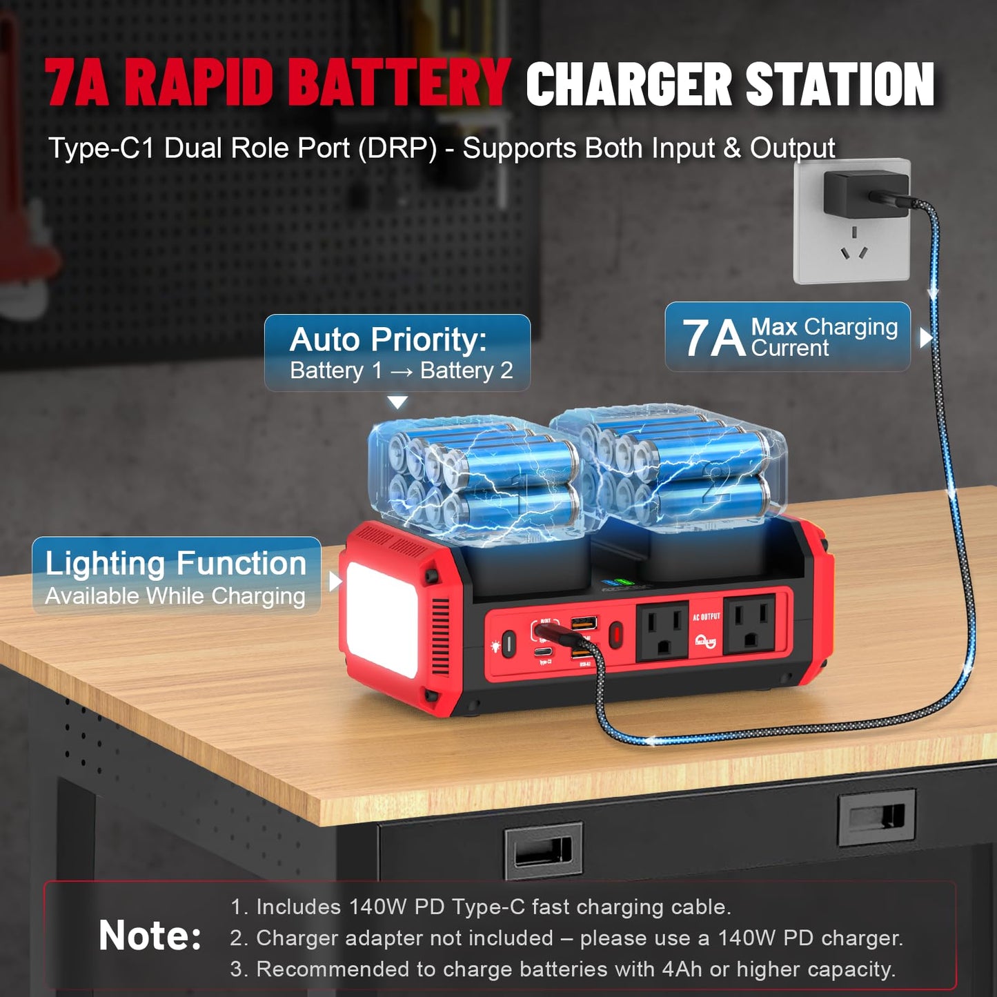 Azocek 350W Power Inverter Pure Sine Wave Compatible with Milwaukee 18V Battery (No Battery), 7A Fast Charger, Portable Power Station with 2 AC Outlets, 2 Type-C (140W/65W), 2 USB Ports, 600LM LED