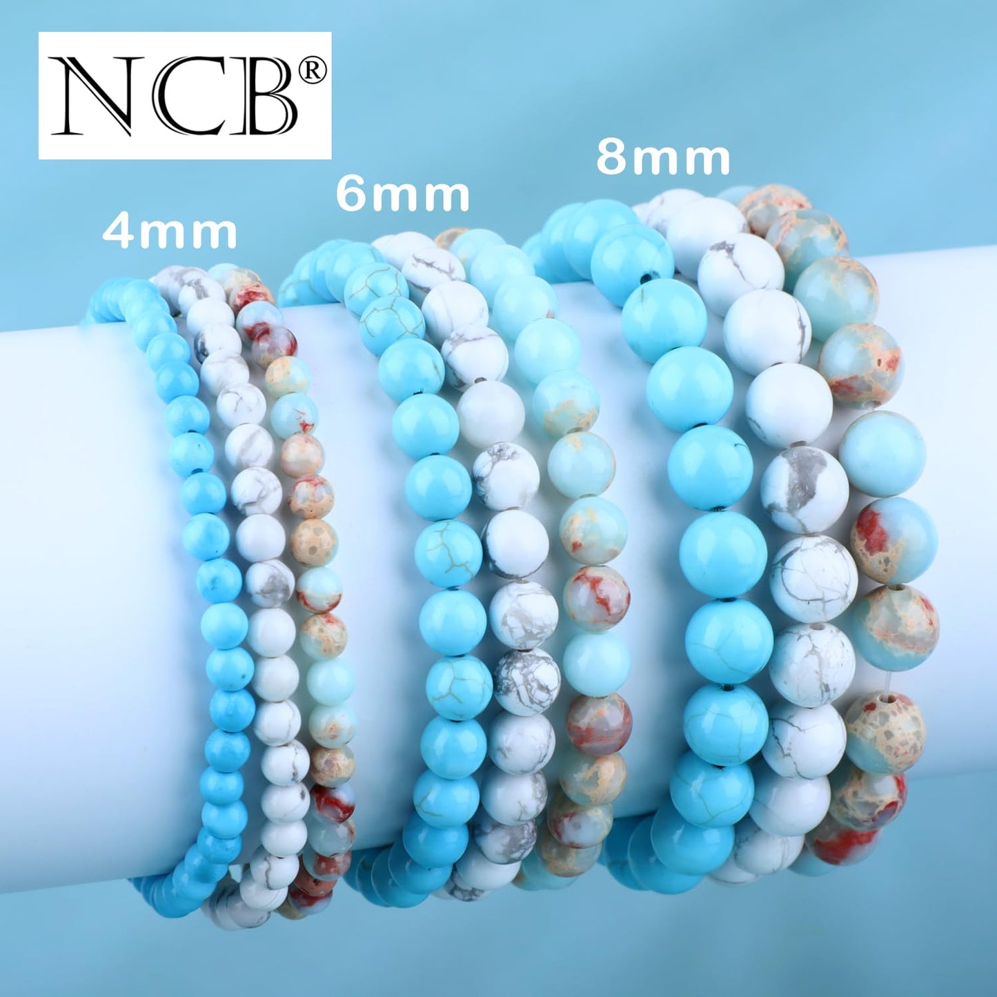 NCB 3-Piece 4mm Natural Crystal Gemstone Stretch Bracelets – ﻿Agalmatolite Jasper, Blue Turquoise, Howlite Handmade Reiki Energy Healing Jewelry for Meditation,Yoga, Unisex