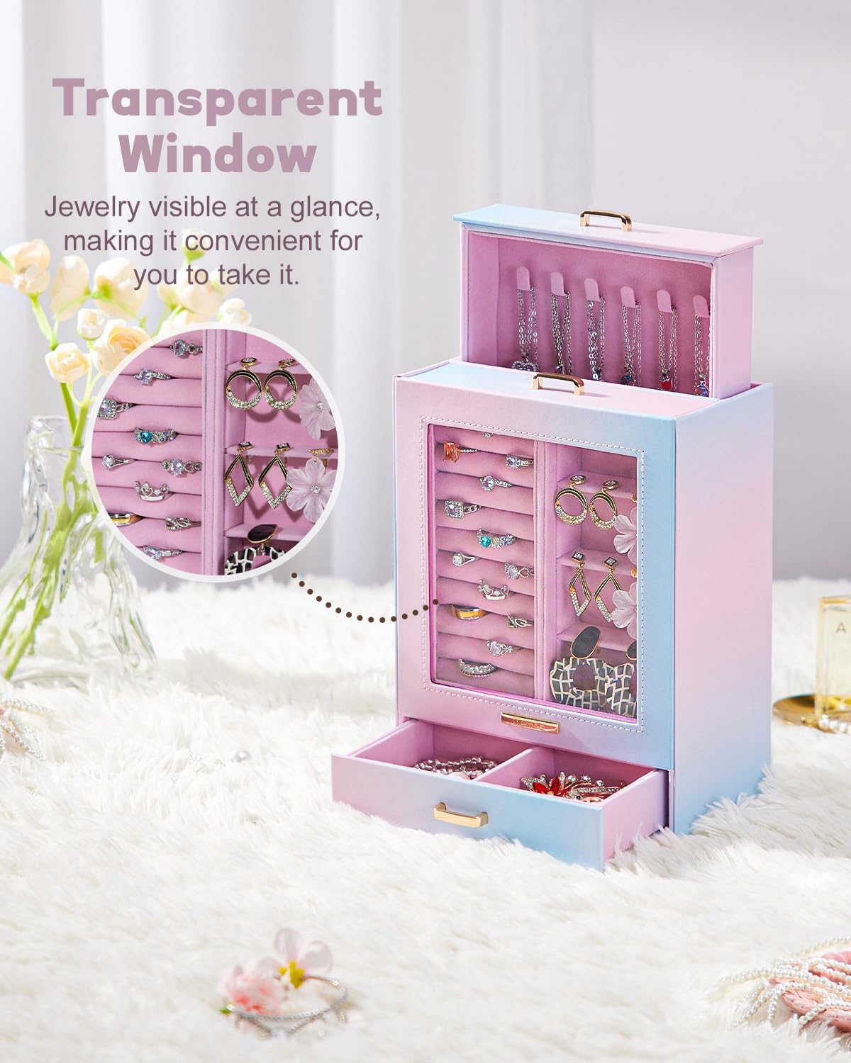 Homde Jewelry Organizer Girls Women Jewelry Box for Necklaces Rings Earrings Gift Bracelets Storage Case (Blue - Pink Gradient + Gold)