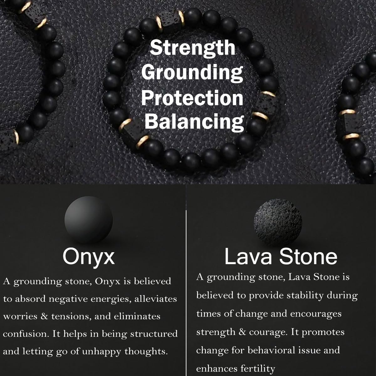 B-JWYFY Elastic Adjustable Mens Bracelet - 8mm Black Onyx & Lava Stone Beads Bracelets Jewelry Gift for Men, Beads Charm Bracelet with Elastic Cord, Birthday Gifts for Him Dad Husband