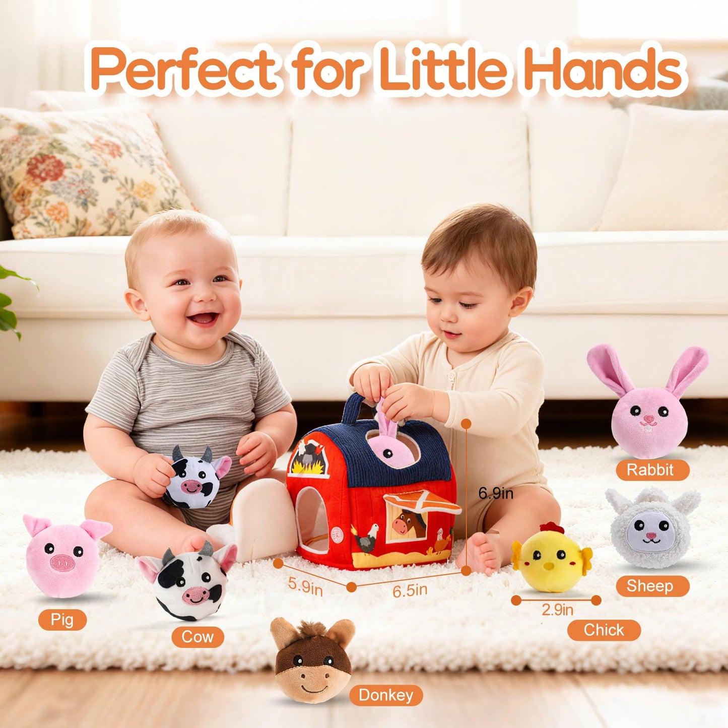 ZXHWTG Baby Toys 6-12 Months, Soft Barn Montessori Sensory Infant Toy for 6 7 8 9 10 Month Old, 1st Birthday Baby Gifts for 1 Year Old Boy Girl, Stuffed Farm Animals, Rattle Squeaky Crinkle Sound