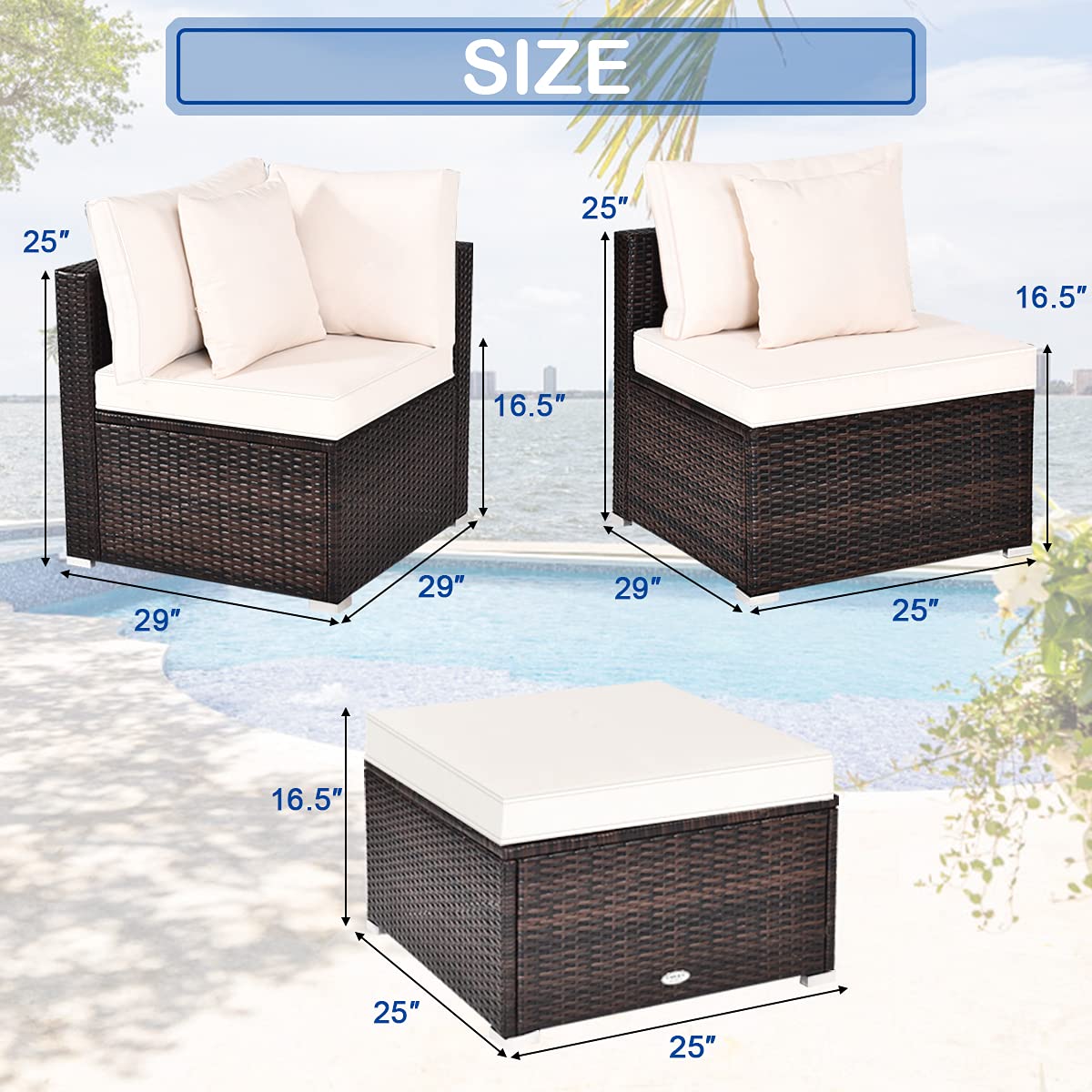 Tangkula 4 PCS Patio Rattan Sofa Set, Outdoor Wicker Sectional Furniture Set, Patio Conversation Set with Removable Cushions & Pillows for Backyard Porch Garden Poolside Balcony (White)