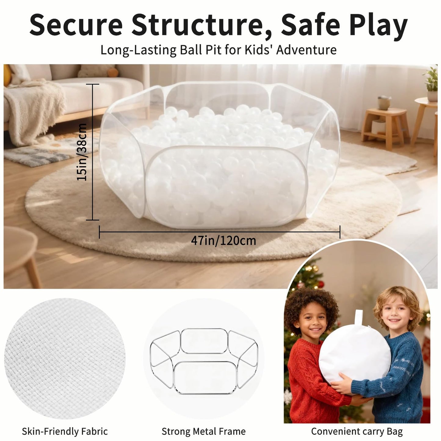 Kids Ball Pit, Large Pop Up Toddler Ball Pits 47inches Play Tent for Toddlers Girls Boys for Indoor&Outdoor Play Tent with Carry Tote, Balls Not Included (White)