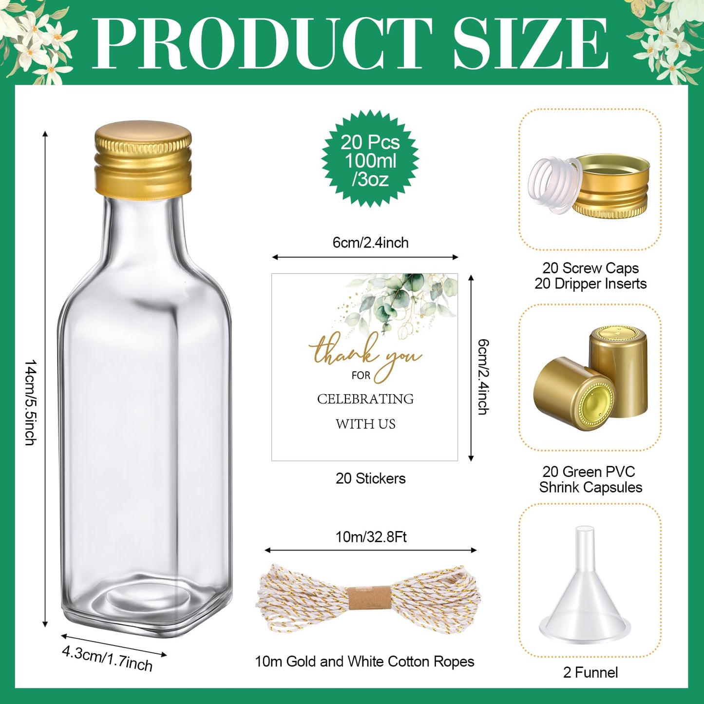 Reallnaive 20 Pack 3 oz Mini Glass Olive Oil Bottles Set, Homemade Wedding Sauce Gift Bottles Leakproof Screw Cap, Thank You Wedding Stickers for Storing Oil Honey Bridal Baby Shower Favors (Gold)