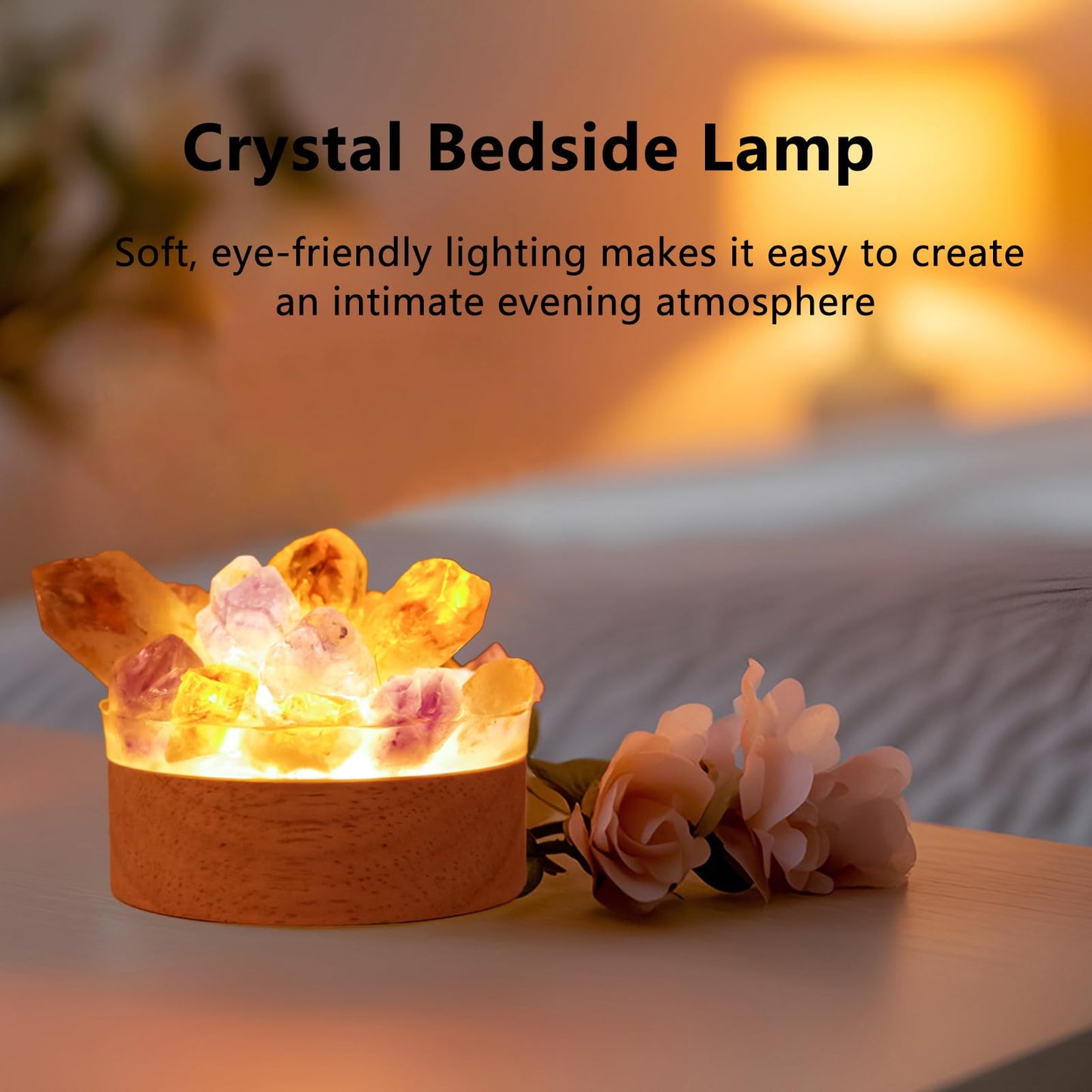 Runyangshi Natural Crystal Night Lamp Bedroom Bedside Sleep Night Light Clear Healing Crystal + Amethyst Gemstone Quartz Ambient Light USB Powered Night Decoration Desktop Ornament for Home Decor Gift