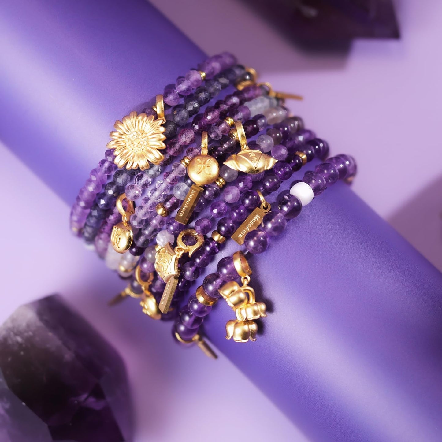 MesoAura Natural Garnet Bracelet – handmade Crystal Healing Jewelry for Women & Men – Root Chakra Balance, Vitality & Courage Energy Stone – Zodiac Capricorn Aquarius – Spiritual Gemstone Beaded Bracelet (Crown Chakra – Amethyst Arpeggio bracelet)