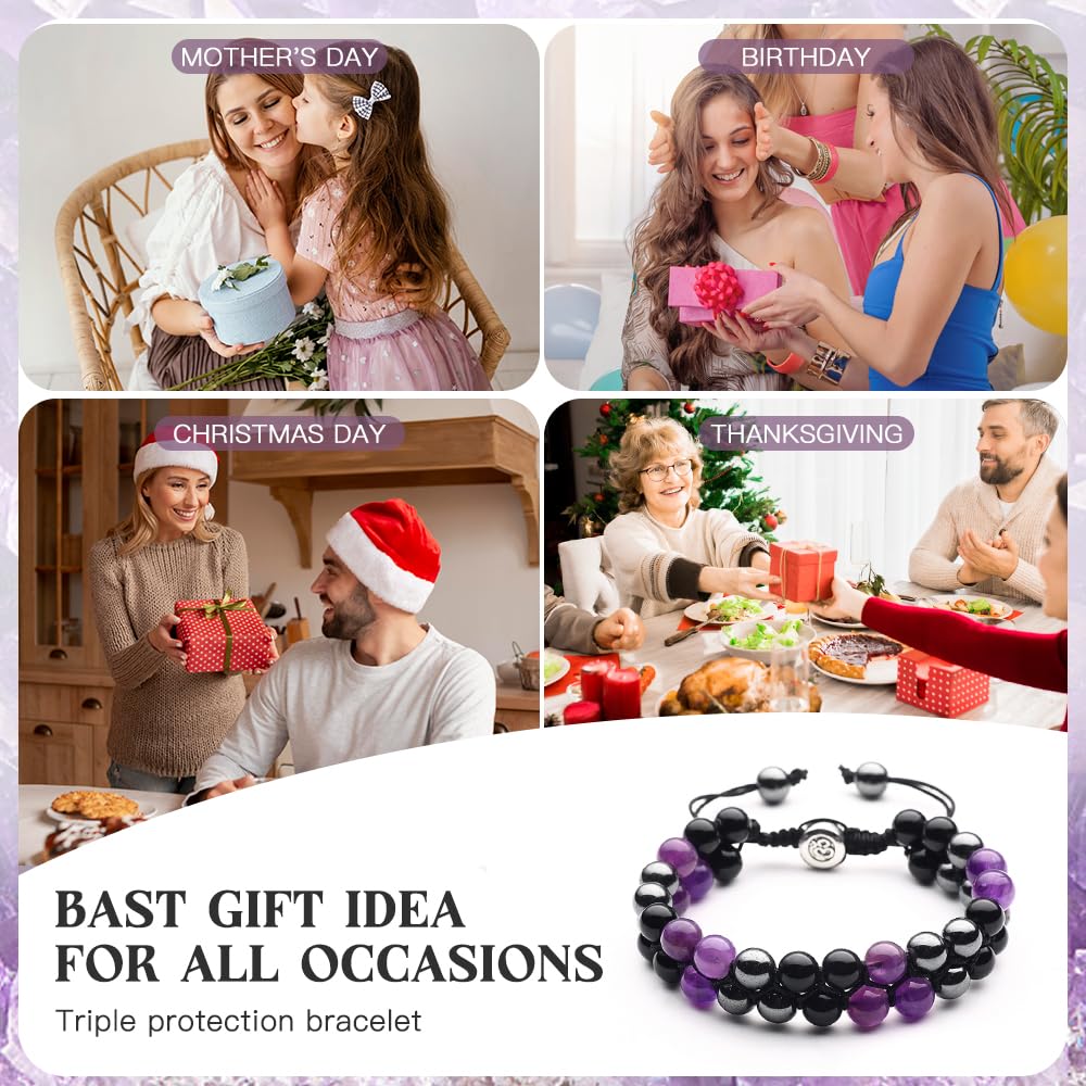 Triple Protection Bracelet - for Protect & Balance - Energy Crystal Bracelets for Men Women - Bring Good Luck & Prosperity - Amethyst Hematite & Black Obsidian Jewelry Natural Stone Healing Bracelet