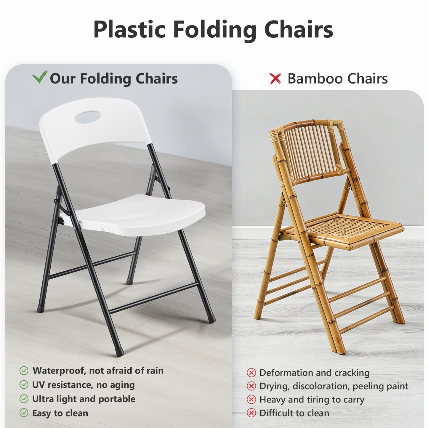Plastic Folding Chair 4 Pack, Outdoor Sturdy Metal White Folding Chairs for Outside Indoor, Portable 350 lbs Capacity Heavy Duty Foldable Commercial Seating for Picnic, Party, Patio, White