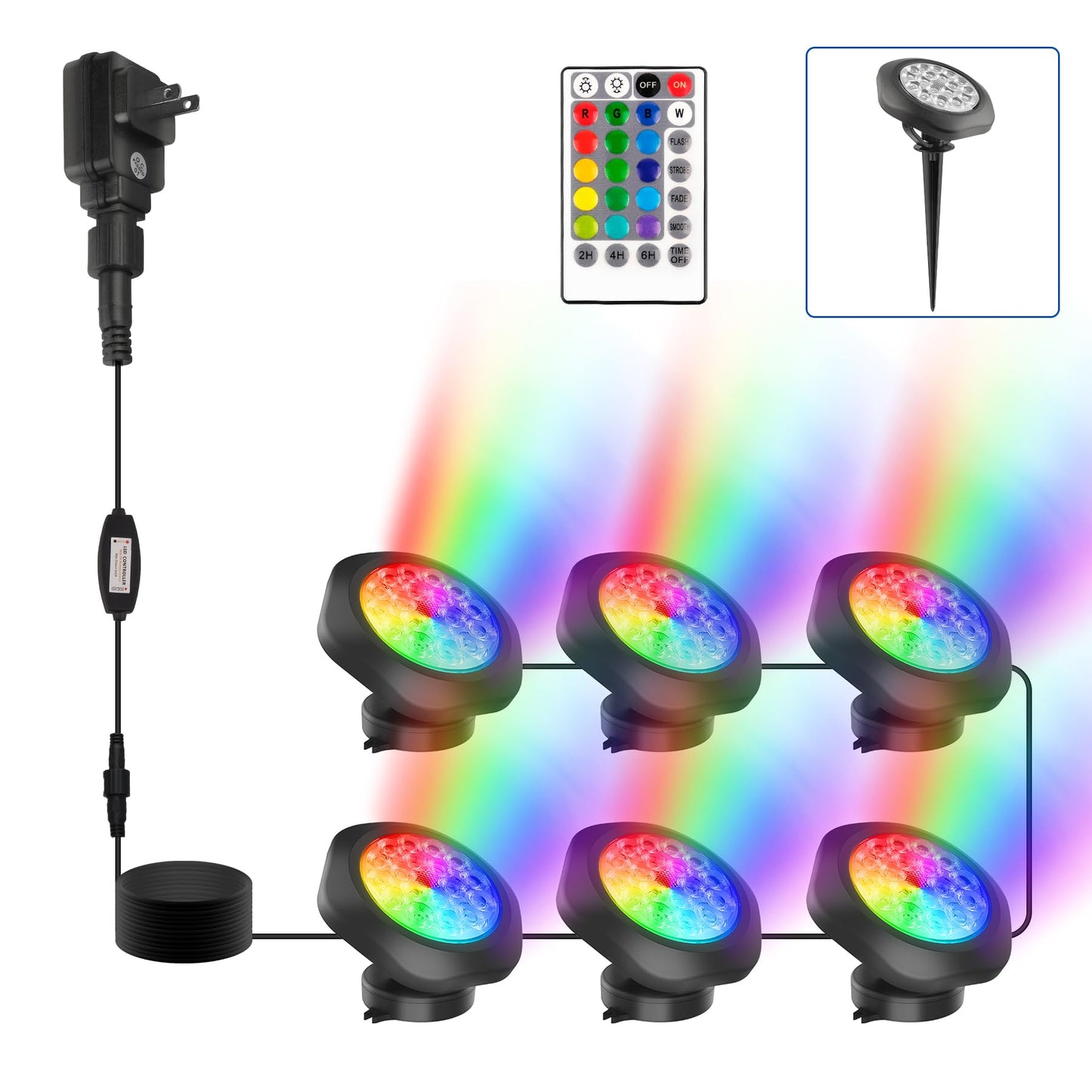 CREPOW RGBW Pond Lights with Timer, 18 LED Underwater Submersible Fountain Lights Color Changing Landscape Spotlights Remote Control IP68 Waterproof for Fish Aquarium Tank Yard Garden Pool (Set of 6)