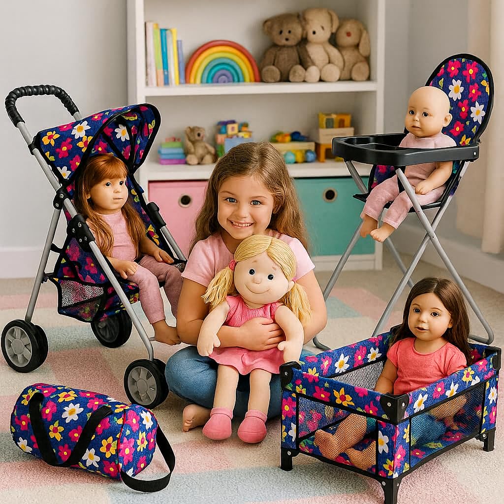 fash n kolor 3 Piece Baby Doll Play Set Flower Design Includes - Foldable Pack N Play, Baby Doll Stroller, Baby Doll High Chair, Fits Up to 18'' Dolls 3 Piece Doll Accessories Set, Best Gift for Girls