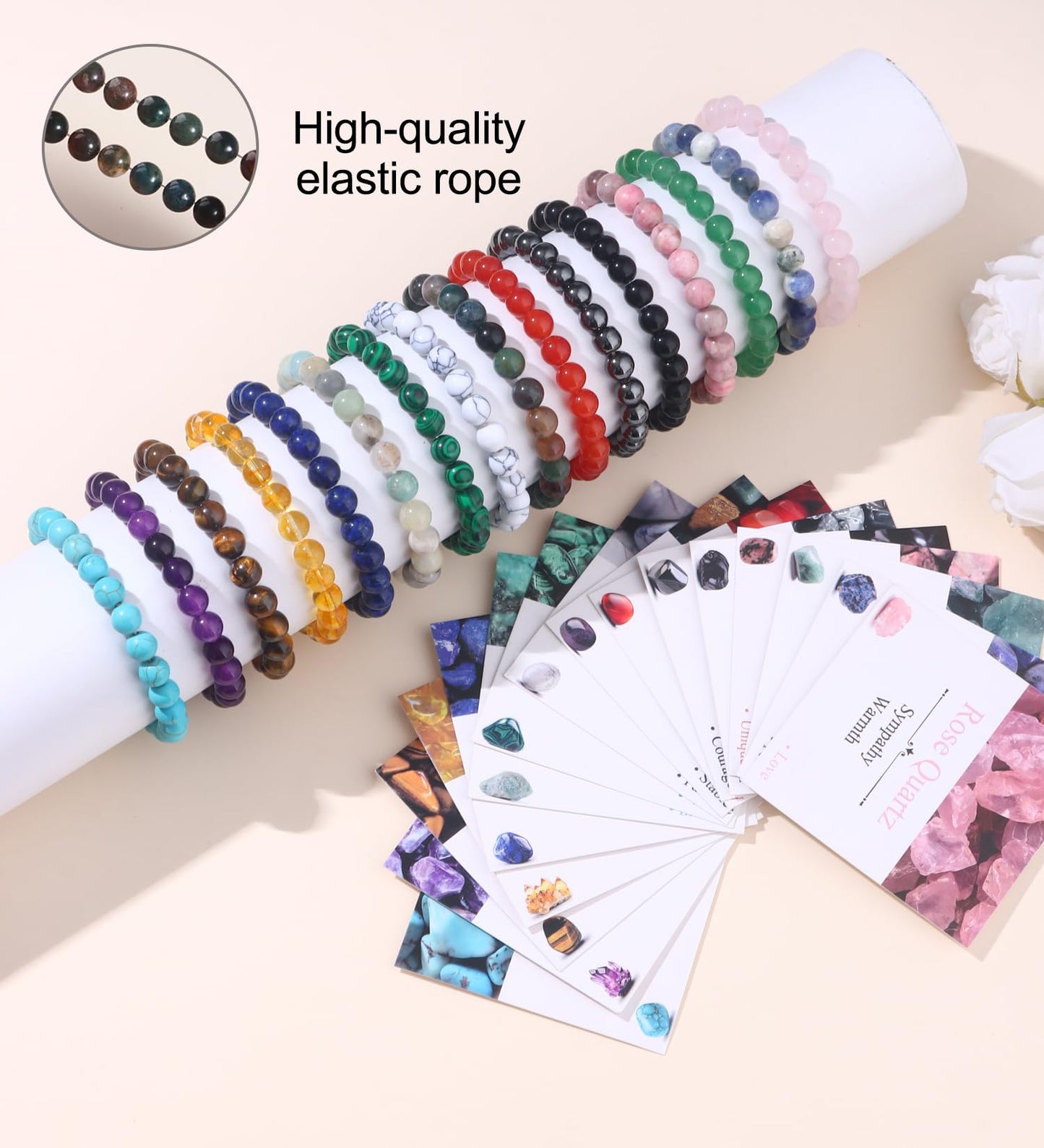 SAMOCO 16Pcs Natural Healing Crystal Bracelets for Women Men Semi-Precious Gemstone Beaded Bracelets Round Beads Gemstones Stretch Yoga Bracelet