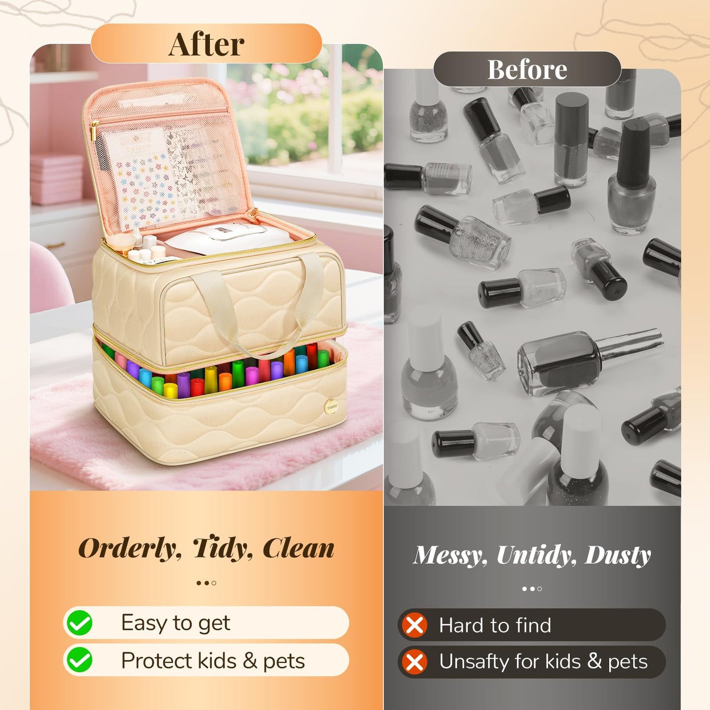YOREPEK Nail Polish Organizer Case Holds 42+ Bottles (15ml/0.5 fl.oz), 2-Layer Nail Kit Bag with Compartments for Nail Supplies, UV Lamp, Nail Tech Organizers and Storage for Manicure Tools, Beige