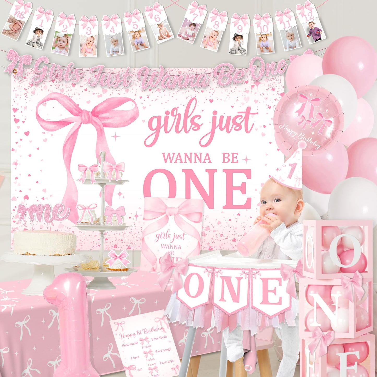 Pink Bow 1st Birthday Decorations, Girls Just Wanna Be One Birthday Decorations Kit Include Pink White Balloon Arch,Backdrop,Banner,Balloon Boxes,High Chair Banner,Bow Tablecloth,Bow Cupcake Toppers