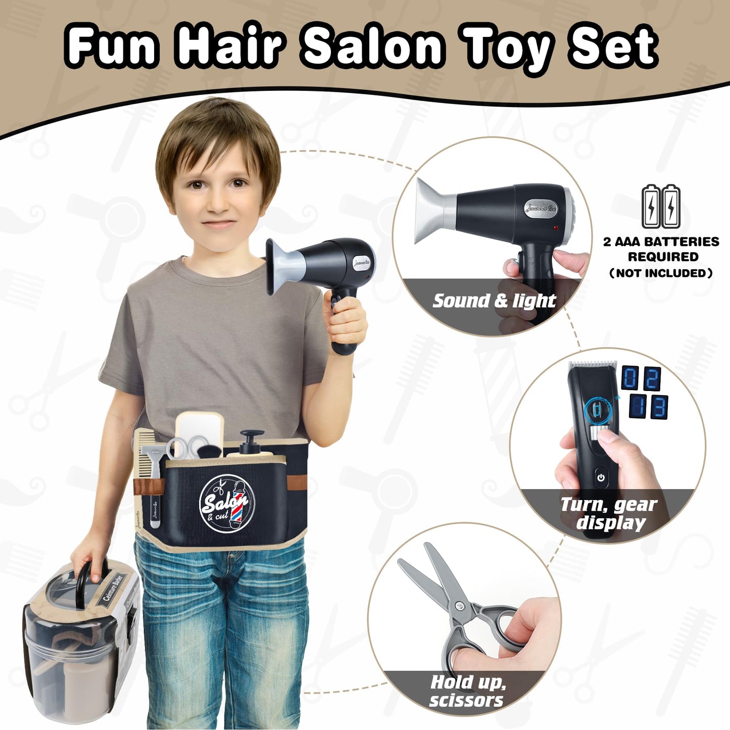 Kids Barber Shop Toy Set with Tool Belt, Realistic Haircut Kit for Boys 3+ with Light & Sound Dryer, Pretend Play Shaving Kit with Storage Box, Professional Stylist Role Play Gift, 10+ Pcs
