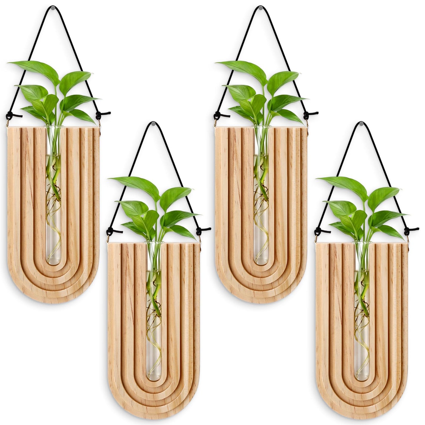 BrightRow Set of 4 Wooden Wall Planter Vase Hanging Propagation Stations Glass Plant and Flower Vases Wall Plant Holder for Indoor Plants Art Boho Home Room Entryway Hallway Decoration