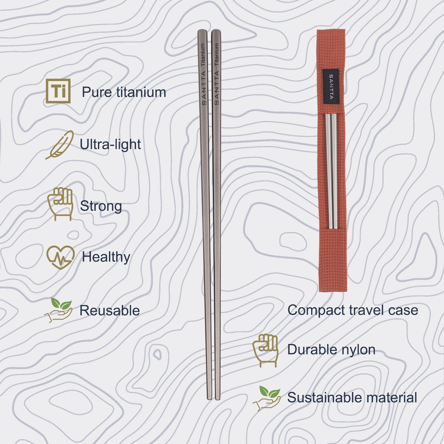 SANTTA Titanium Chopsticks with Compact Carrying Case - Reusable Travel Chopsticks- Lightweight Cutlery for Camping | 2 Pairs
