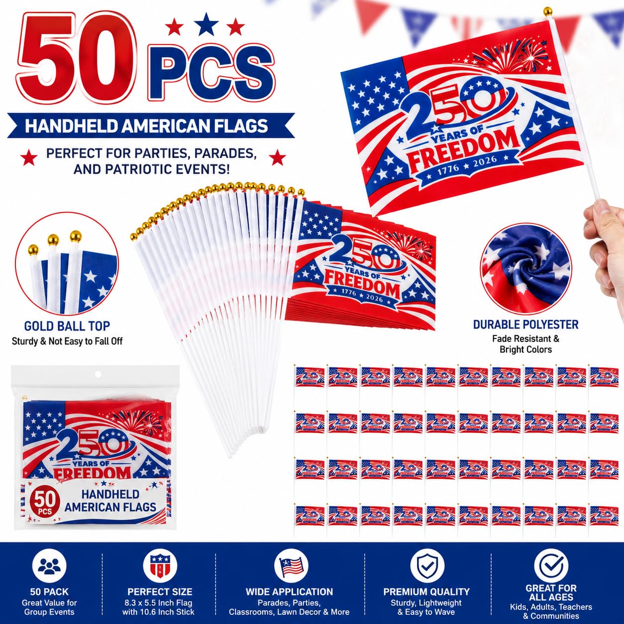 America 250th Anniversary Stick Flags 25/50 Pack – 1776-2026 Patriotic Hand Held American Flags, Small Mini USA Flags for Parade, Party, Classroom, Memorial Day, Independence Day & July 4th Decorations (50)