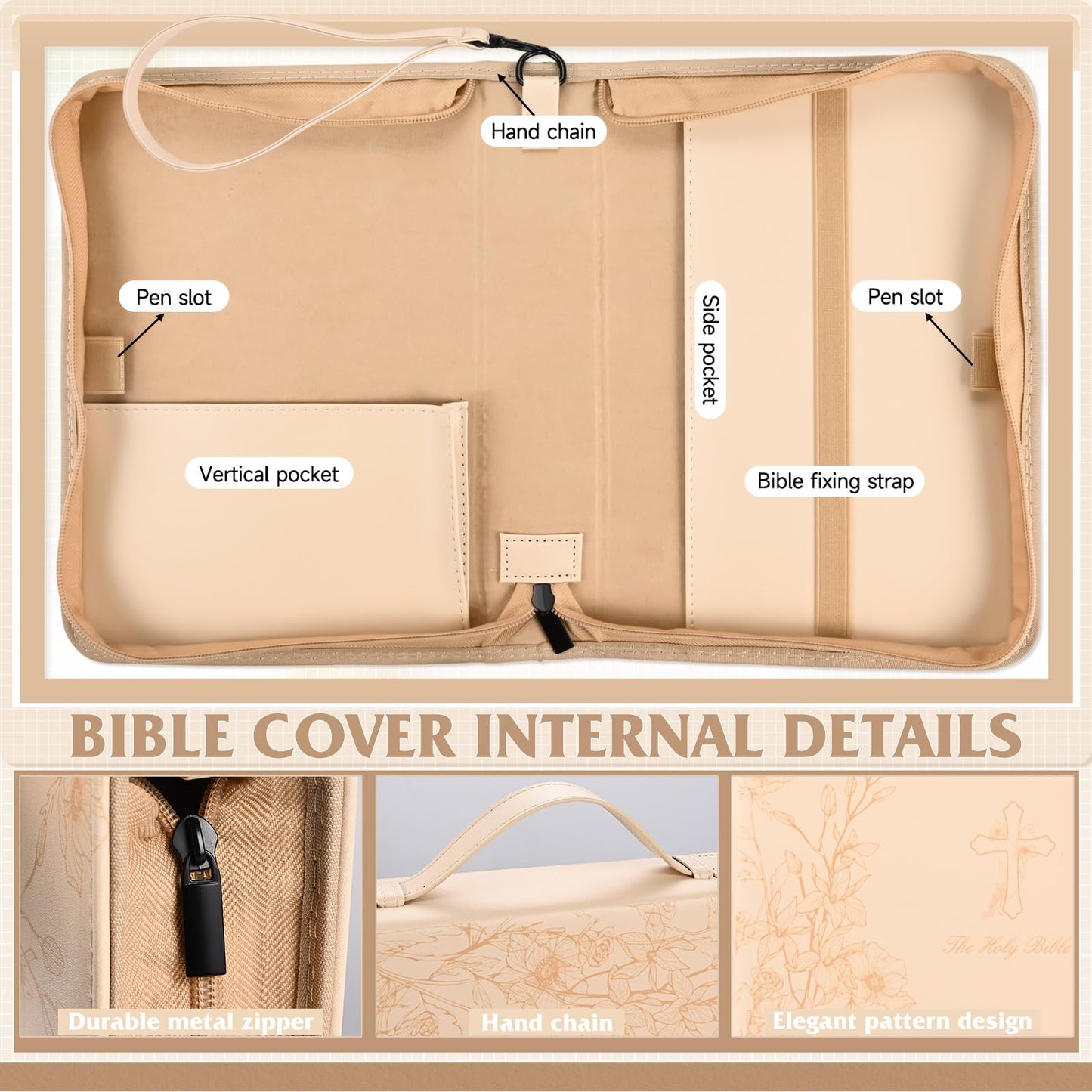 Bible Cover Case for Women Khaki Leather Floral Bible Storage Bag with Highlighters Tabs for Girls Bible Study Supplies Accessories Christian Gifts