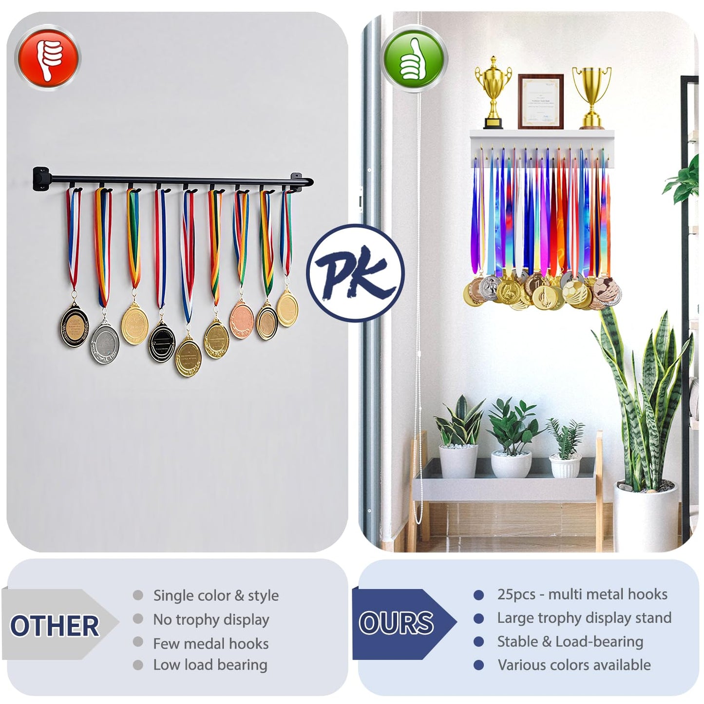 DSVENROLY Medal Holder Display Trophy Shelf Organizer, Sturdy Wooden Race Award Hanger Rack with 25 Steel Hooks, Wall Mount Storage Stand for Sports Fans, Cheer Success, White with Golden Pegs