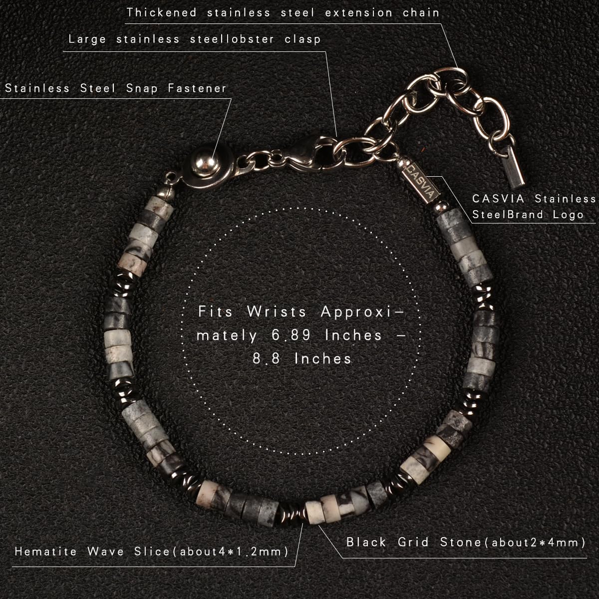 Casvia Men's Hematite & Black Grid Stone Beaded Bracelet, Adjustable Stainless Steel, Thickened Steel Wire Handmade Original Rugged Jewelry, Birthday Gift for Dad & Boyfriend
