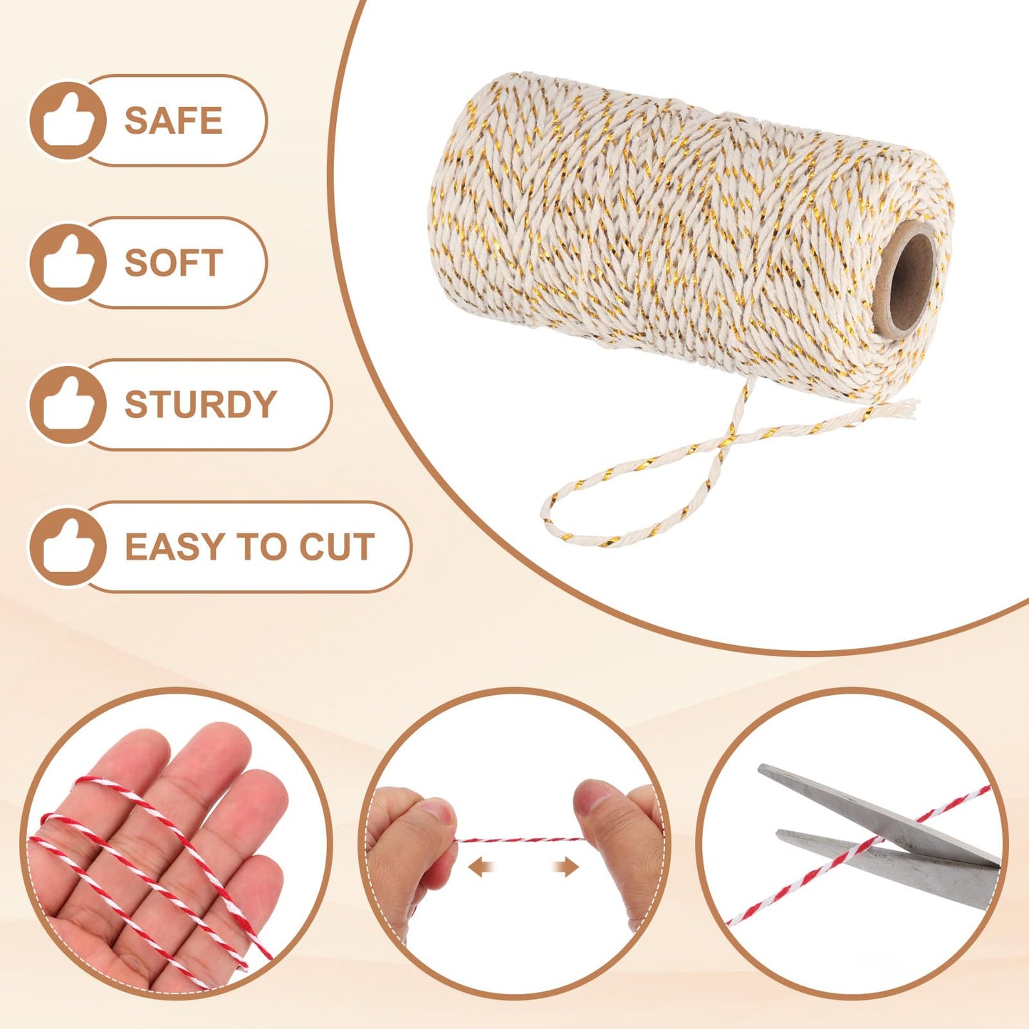 PATIKIL 2mm x 109 Yard Cotton Butcher Twine, 2 Roll Cotton Bakers Twine String Rope Cord for Gift Wrapping Arts Crafts Party Decorations Gardening, Golden Beige