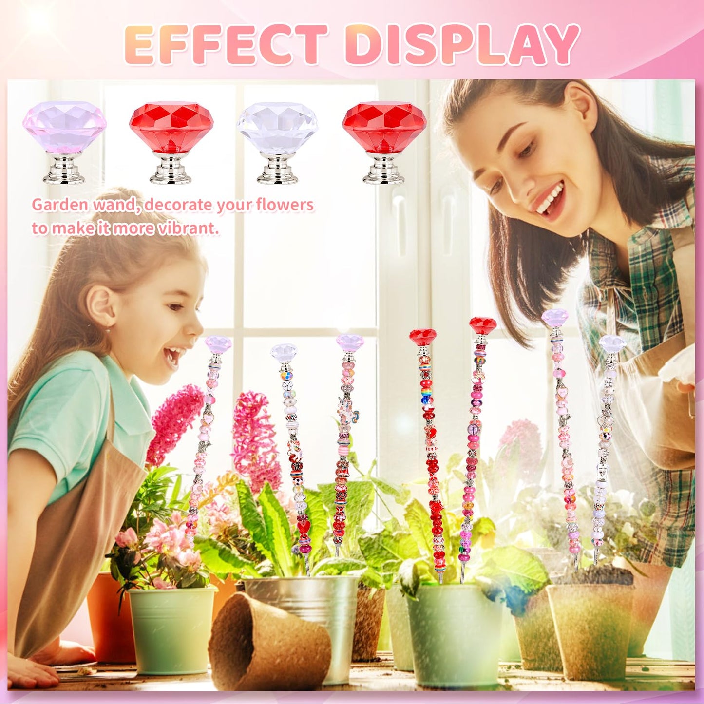 DIY Fairy Wand Garden Beads Stakes Wands Kit,Multiple Color Scheme European Beads Crystal Diamond Tops and 12 or 10 Inch Threaded Rods,Stainless Steel Stakes with Diamond Toppe(Pink+Rose+Red+White)