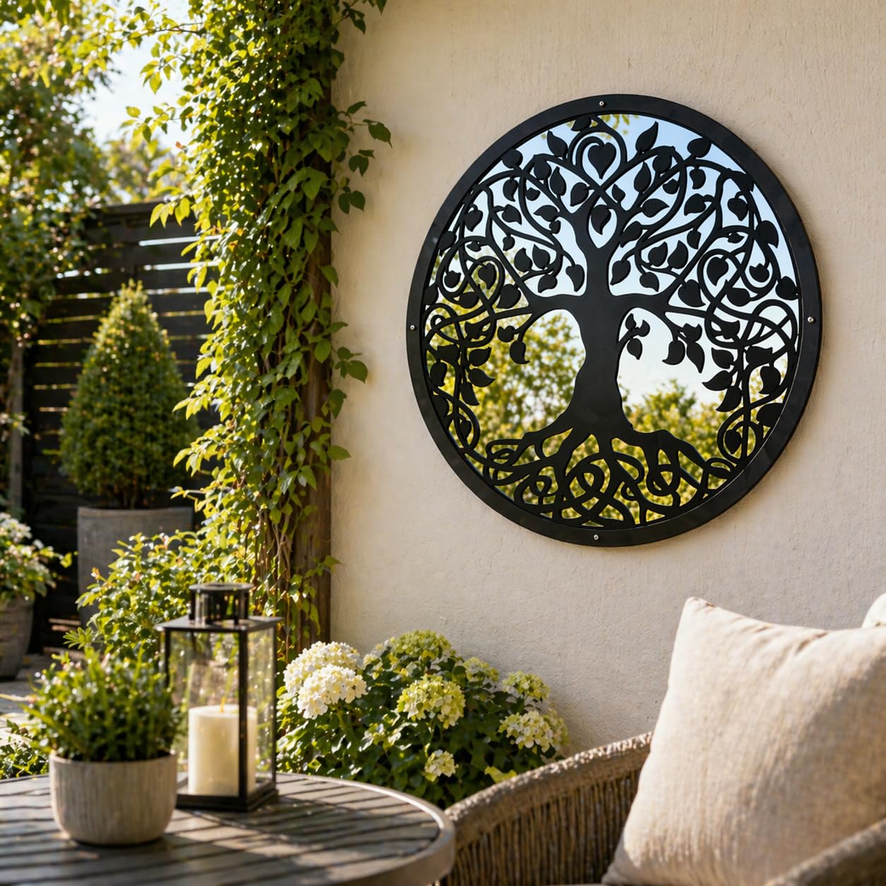 Sun Catcher Garden Decor Tree of Life Garden Mirror Range of Sizes Round Framed Mirror Outside Rust Resistant Acrylic Fixings Included Gift (42cm / 16.5 inch)
