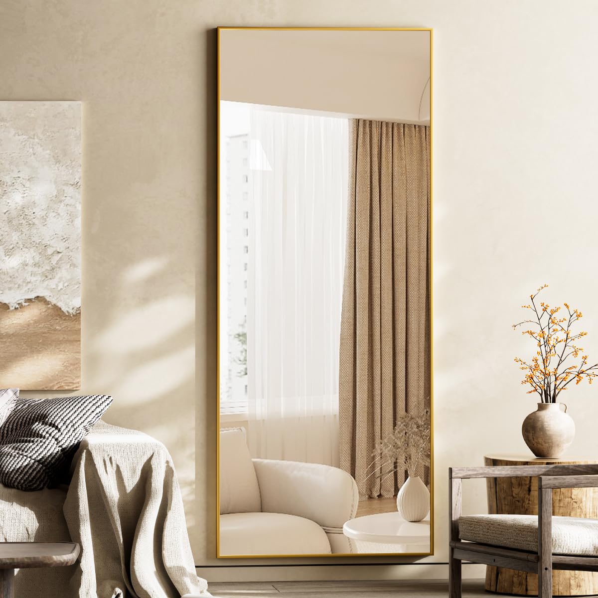 Koonmi 65"x24" Floor Mirror Full Length, Bedroom Floor Body Mirror with Stand, Large Gold Mirror, Leaning, Standing or Hanging Horizontally/Vertically