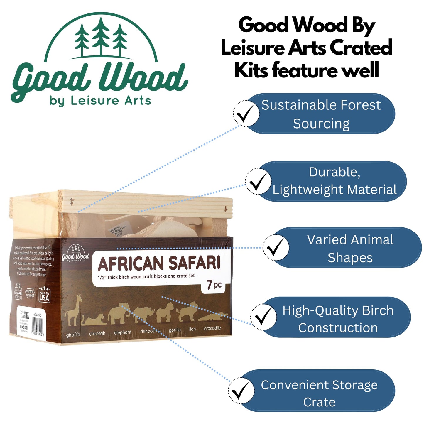 Good Wood By Leisure Arts: African Safari Crate Set - 7 Piece Animal Wood Cutouts - Small Wooden Shapes for Crafts Wooden Craft Shapes Animals to Paint