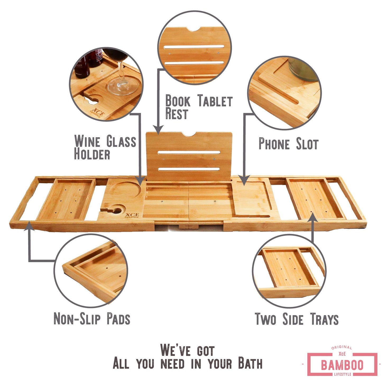 XcE Foldable Bamboo Bathtub Caddy Tray - Expandable to 41 Inches with Non-Slip Pads & Book Stand for Couples Luxury Bath
