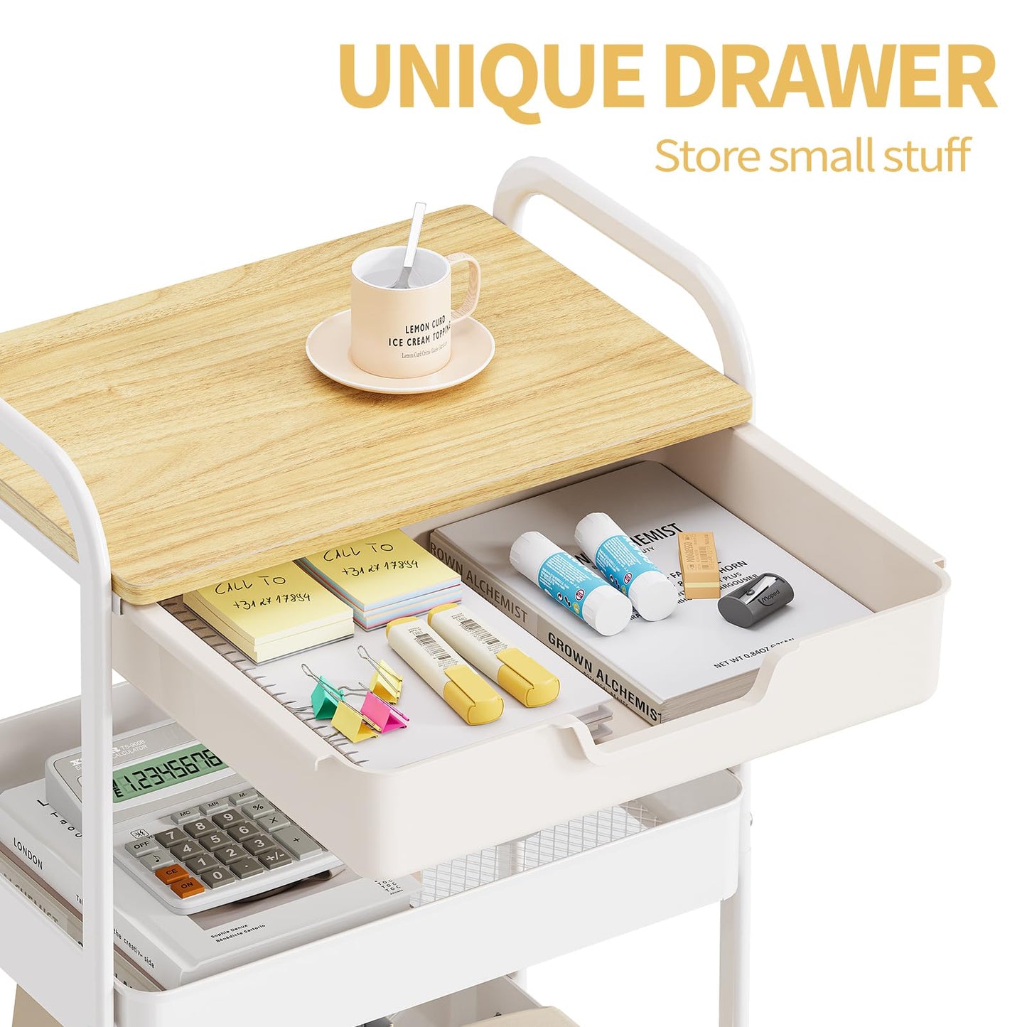 TOOLF 3-Tier Metal Utility Rolling Cart with Drawer and Wooden Table Top, Storage Cart White Trolley Kitchen Organizer Rolling Desk with Locking Wheels for Office, Classroom, Home, Bedroom