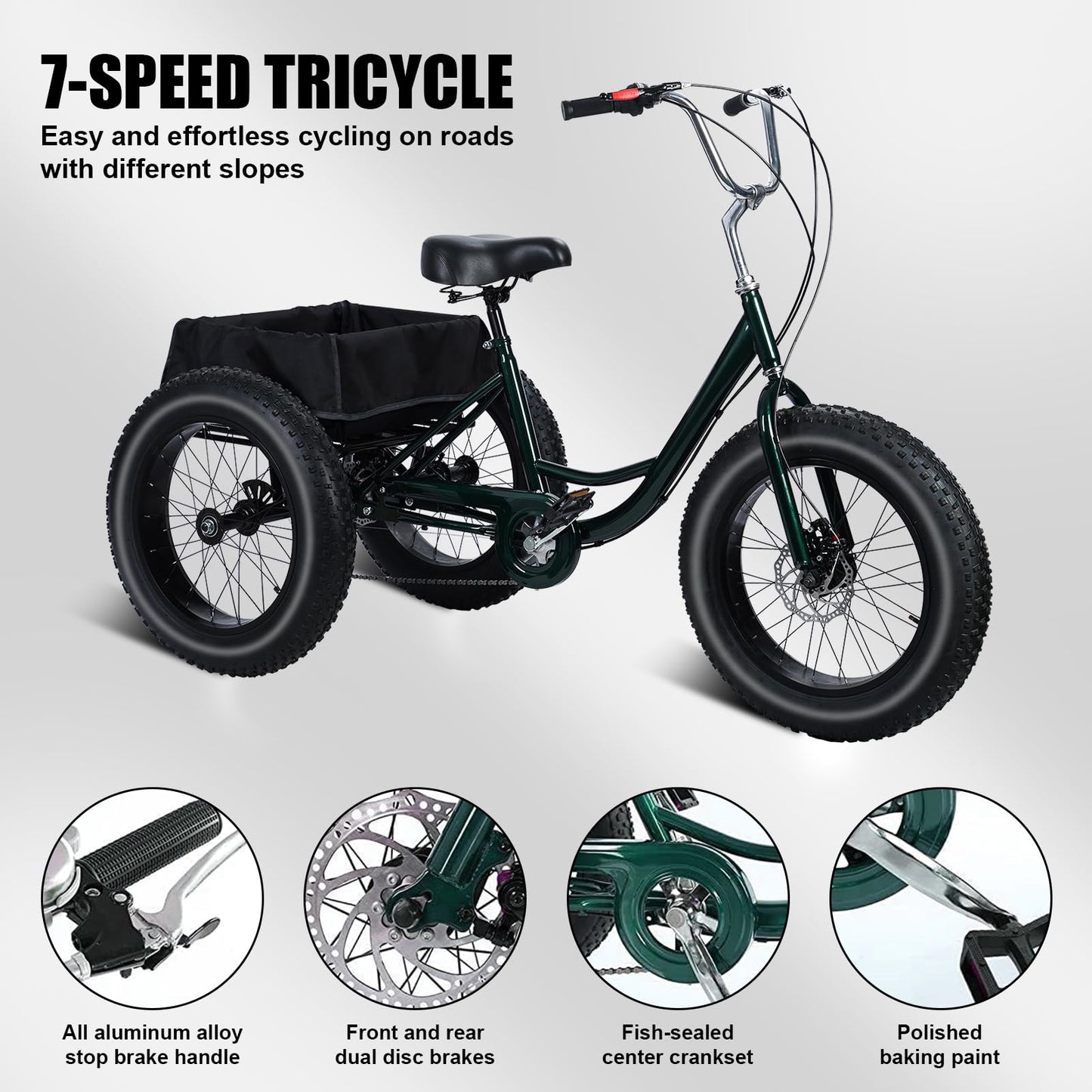 Yirtree 20 Inch Fat Tire Adult Tricycle, 7-Speed Drift Trike with Dual Disc Brakes, Snow Tires, and Spacious Basket, 3-Wheel Bike for Seniors and All Roads Riding Snow Tire