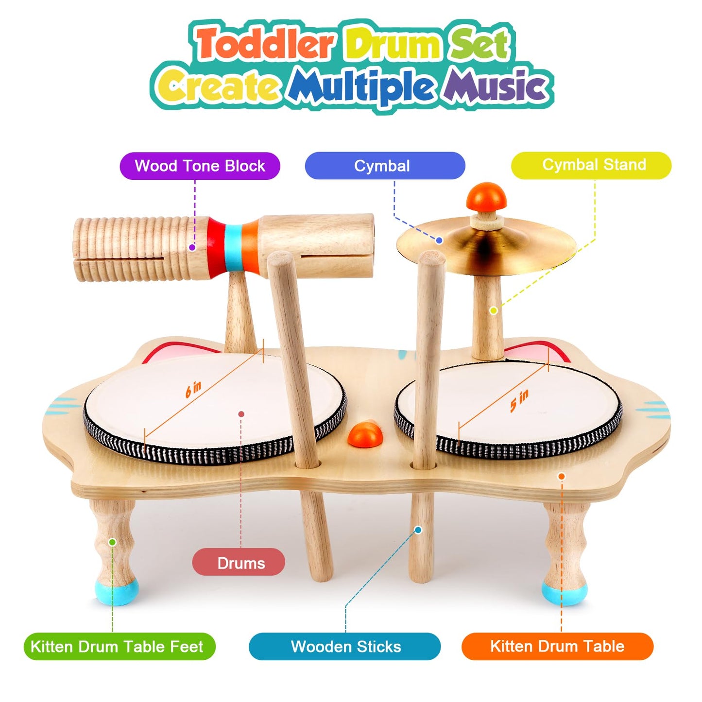 WINGYZ Kids Drum Set – 6-in-1 Wooden Musical Instruments for Toddlers 1–3, Montessori Baby Music Set with Drums, Cymbal & Tone Block, FSC-Certified Cat Design Table for Home & Classroom Learning Gift