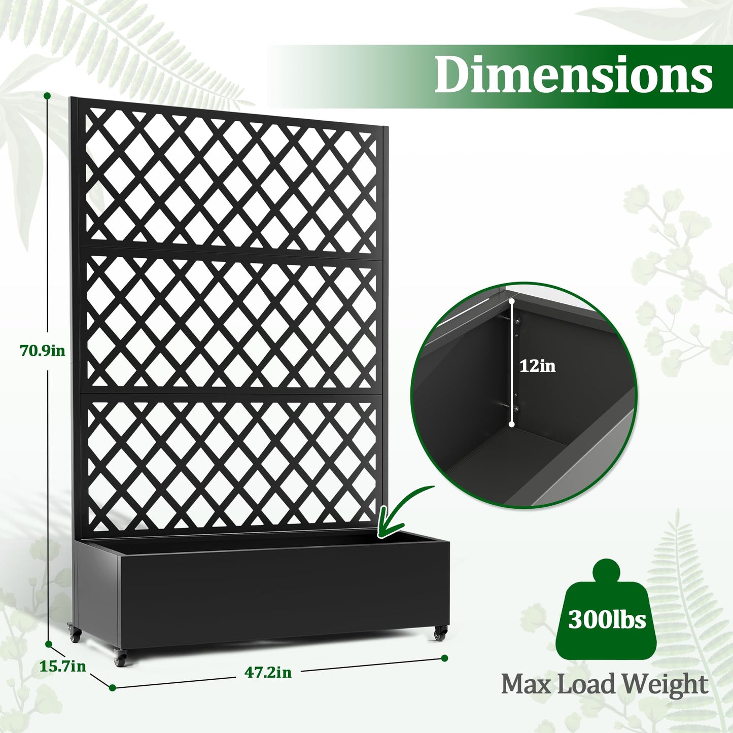 Metal Raised Garden Bed with Trellis and Wheels, 2 in 1 Trellis with Planter Box & Privacy Screen for Climbing Plants, Outdoor Standing Flower Beds with Drainage Holes, 47.2''L×15.7''W×70.9''H, Black