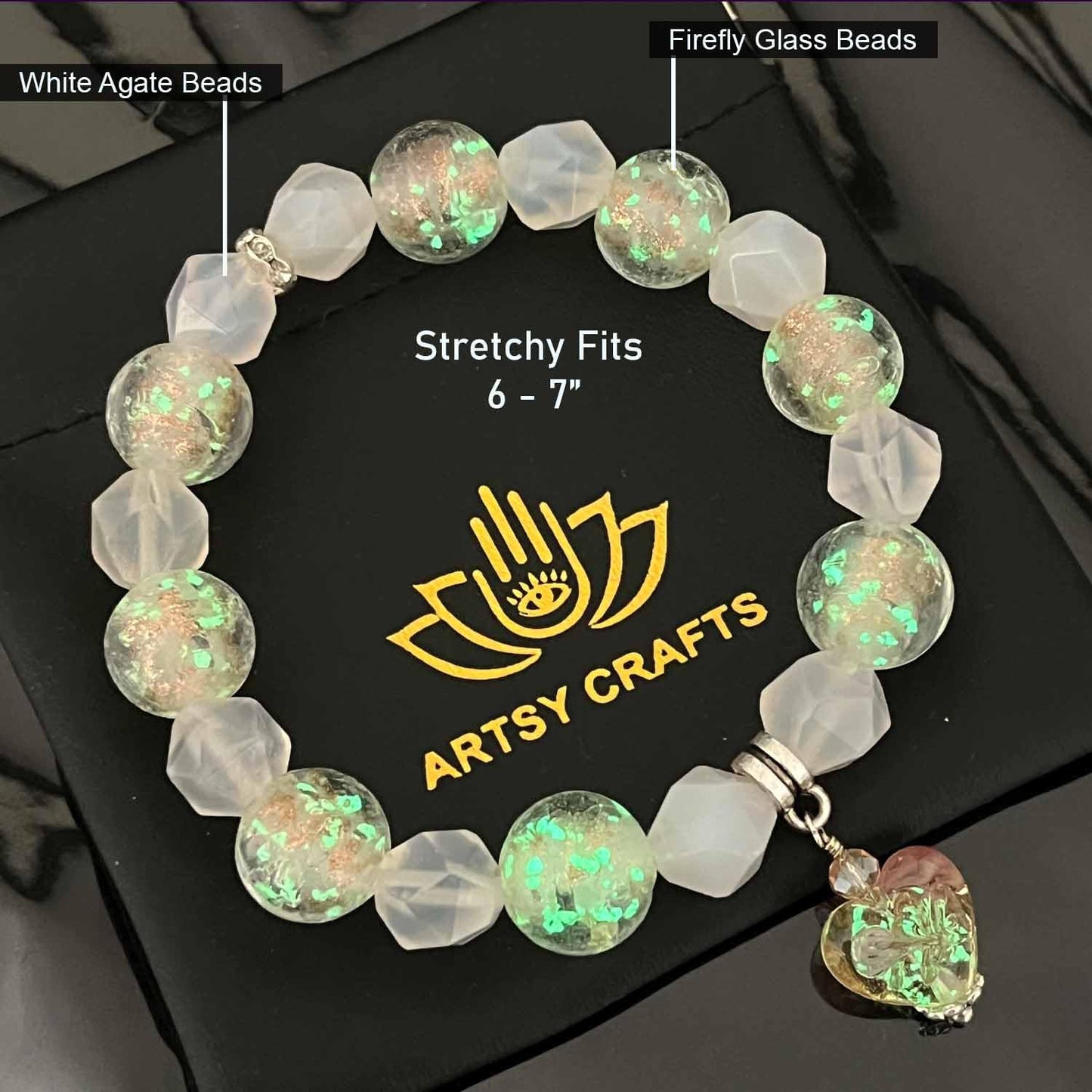 ARTSY Crafts Glow in the Dark Glass Beads with Natural Gemstone Beads Charm Bracelets, Crystal Healing Stones Firefly Beads Bracelet for Men Women Love Calming Anxiety Chakra Spiritual Gifts, Quartz