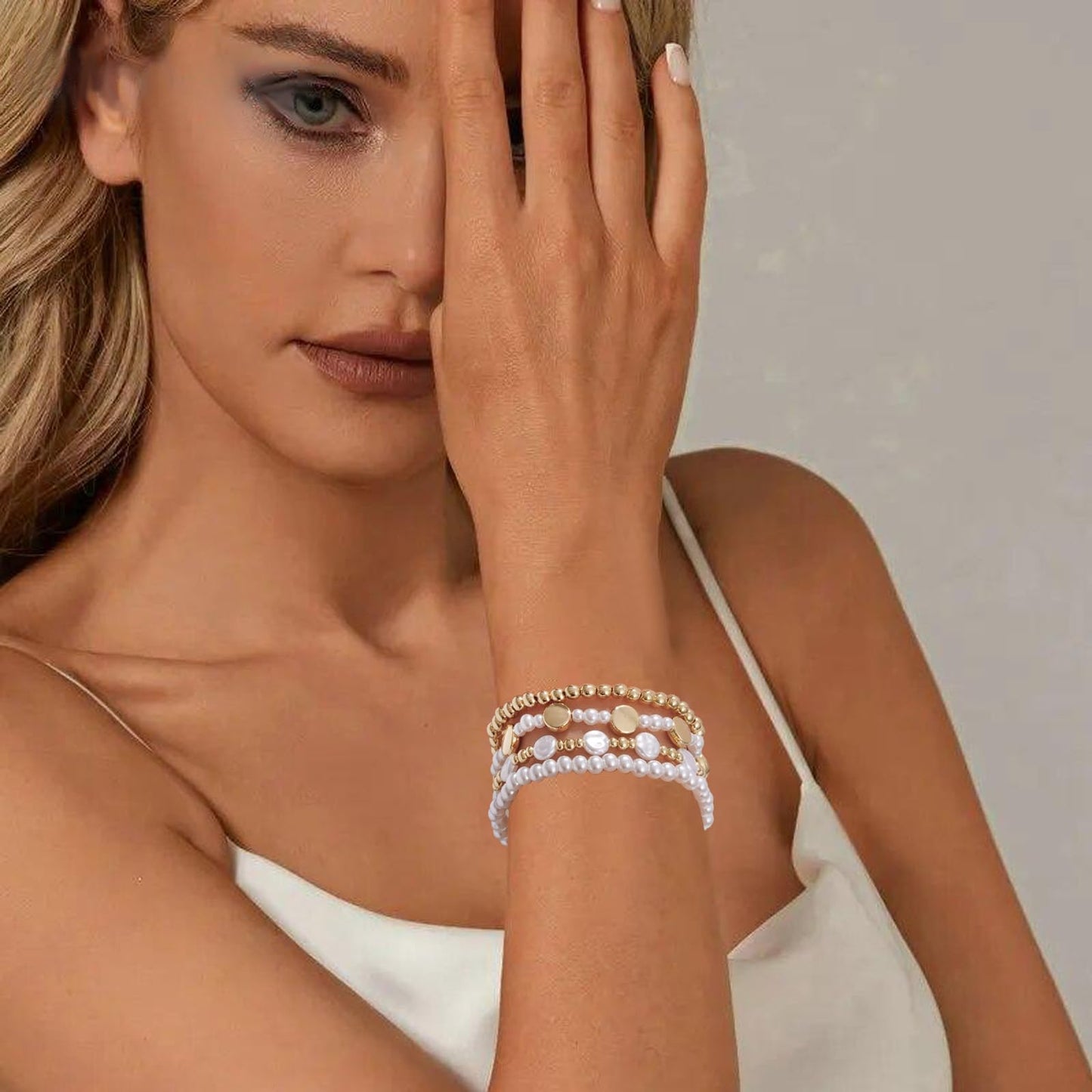 Sajidos Gold Plated Beaded Bracelets for Women Trendy, 14K Gold Plated Stack Cross Pearl Gold Plated Bead Stretch Bracelets Set Elastic Hypoallergenic Bracelets Jewelry Gifts
