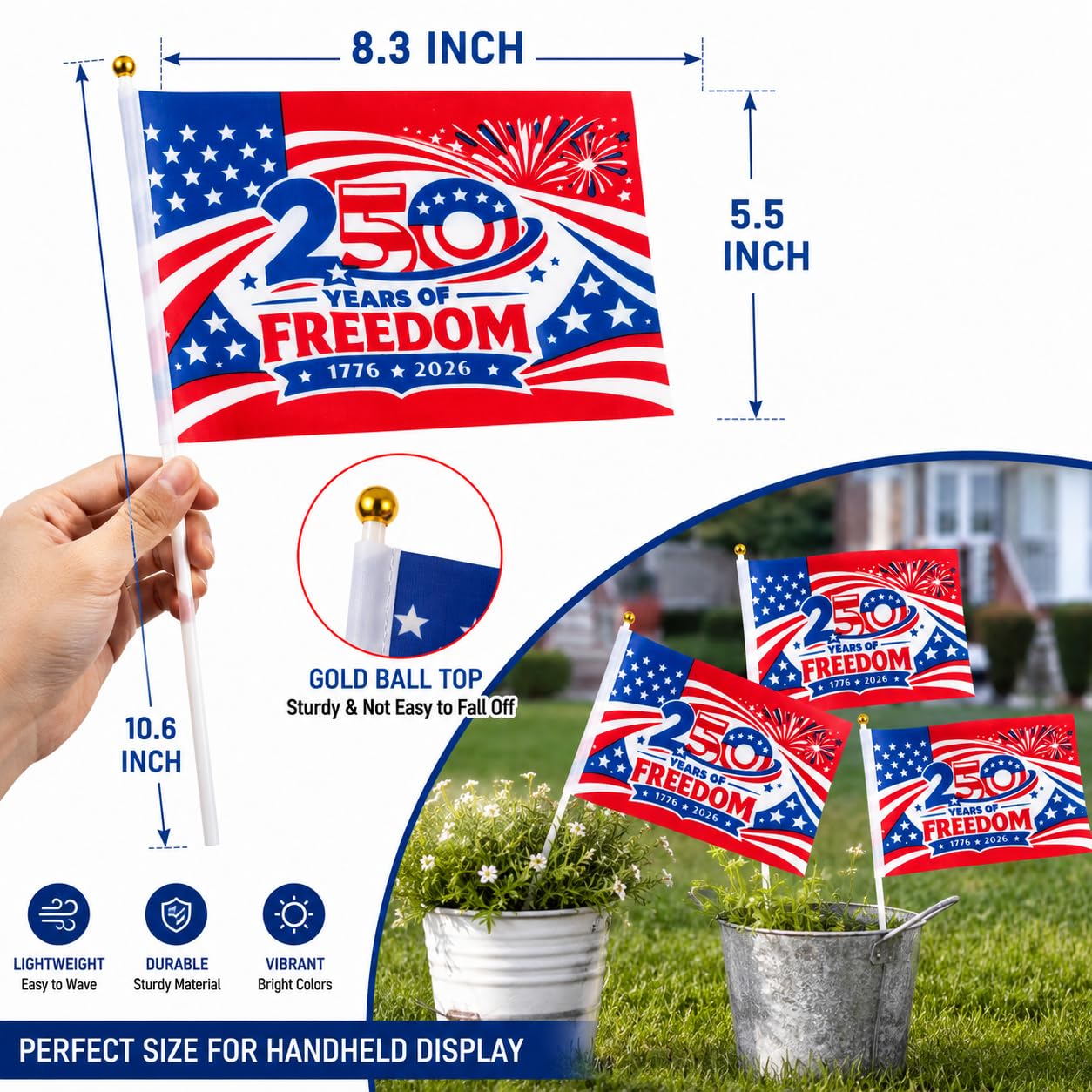 America 250th Anniversary Stick Flags 25/50 Pack – 1776-2026 Patriotic Hand Held American Flags, Small Mini USA Flags for Parade, Party, Classroom, Memorial Day, Independence Day & July 4th Decorations (25)