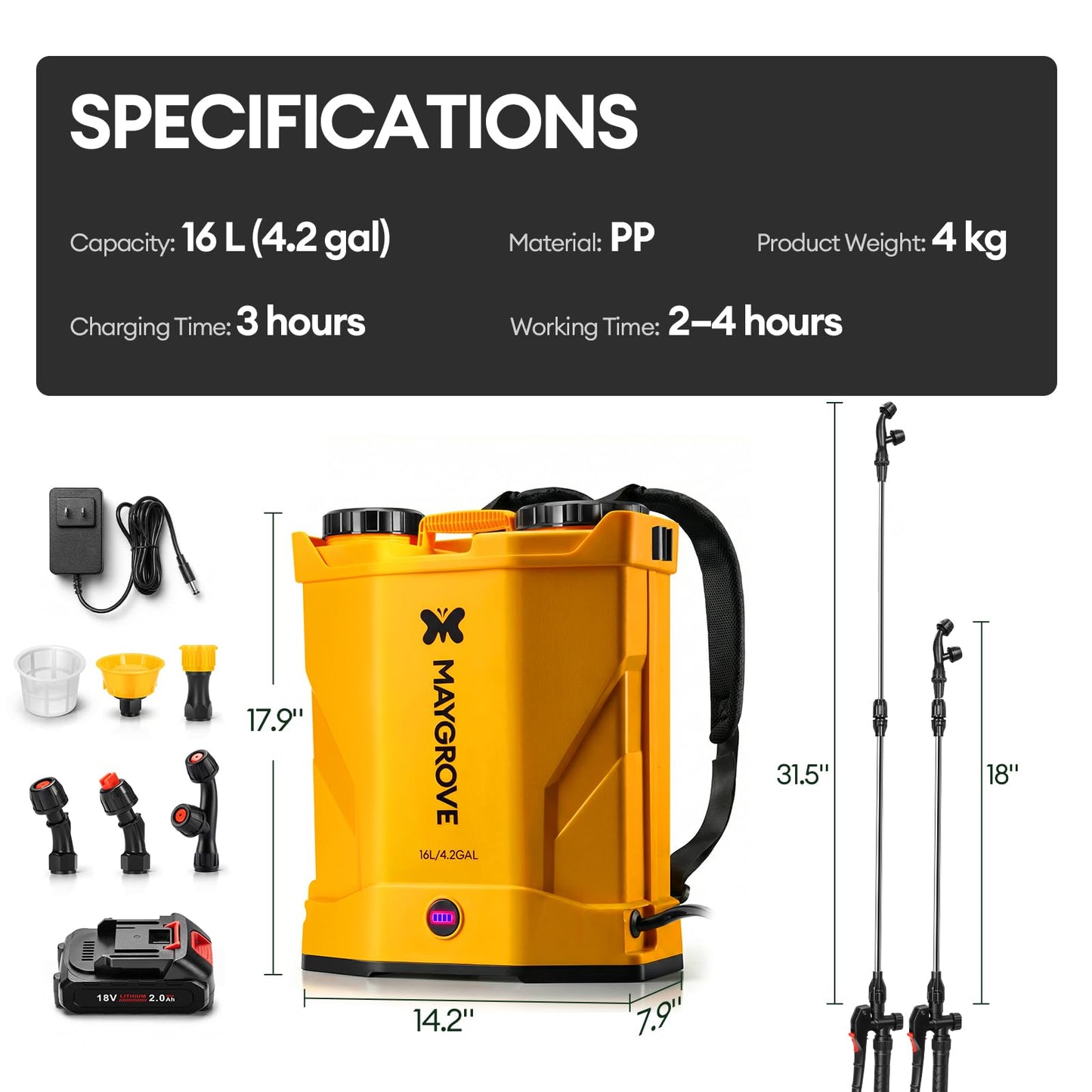 MAYGROVE 4.2 Gal Electric Backpack Sprayer, 2-4h of Continuous Spray, Equipped with Adjustable Wand & 5 Nozzles, Auto Spraying for Garden, Lawn Care, Fertilizing & Weed Control (Battery Included)