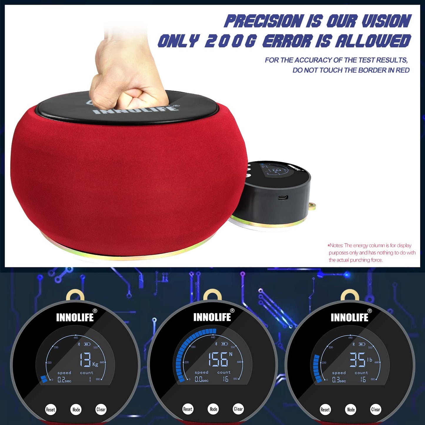 INNOLIFE Professional Boxing Dynamometer – High-Precision Punch Power Tracker with 1543 Lbs Capacity & Multi‑Unit Display (kg/lb/N)